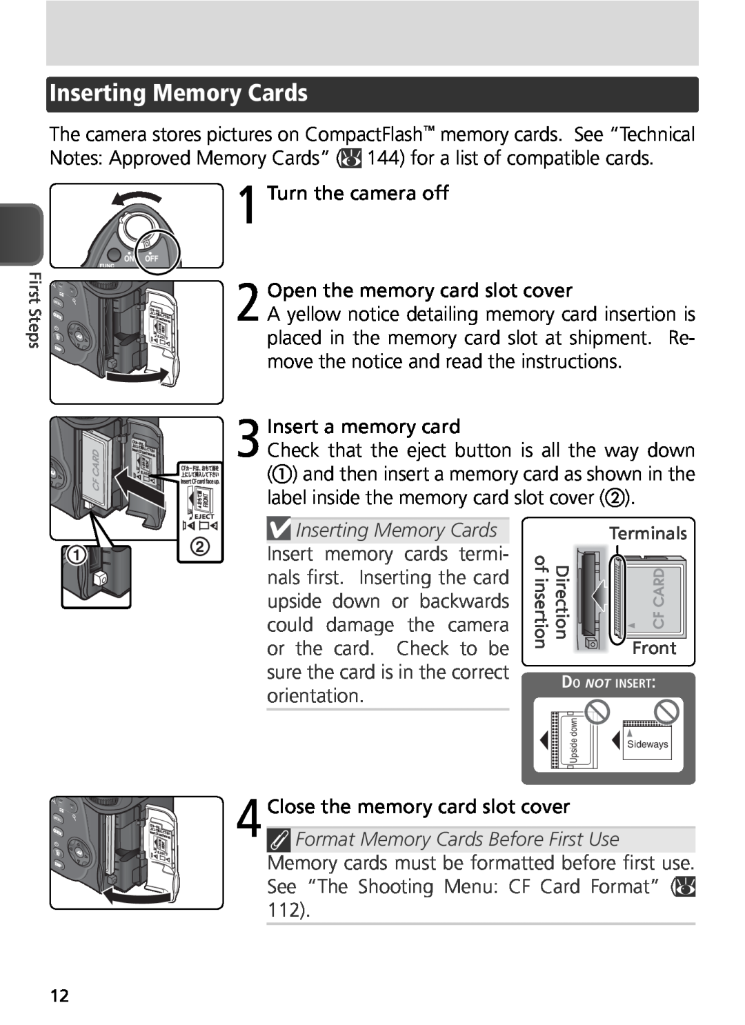 Nikon COOLPIX8800 manual Inserting Memory Cards 
