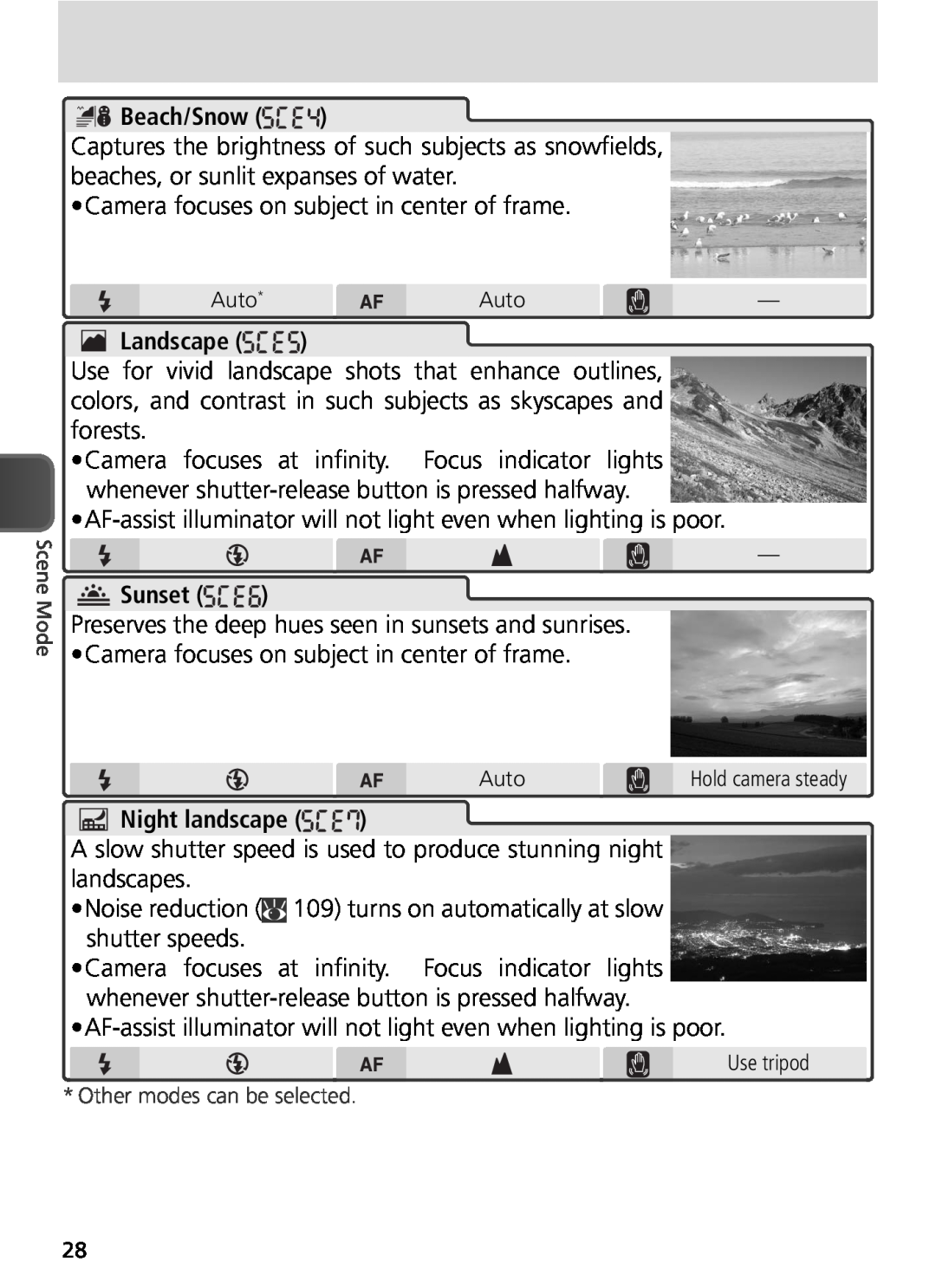 Nikon COOLPIX8800 manual Beach/Snow, Landscape, Sunset, Night landscape 