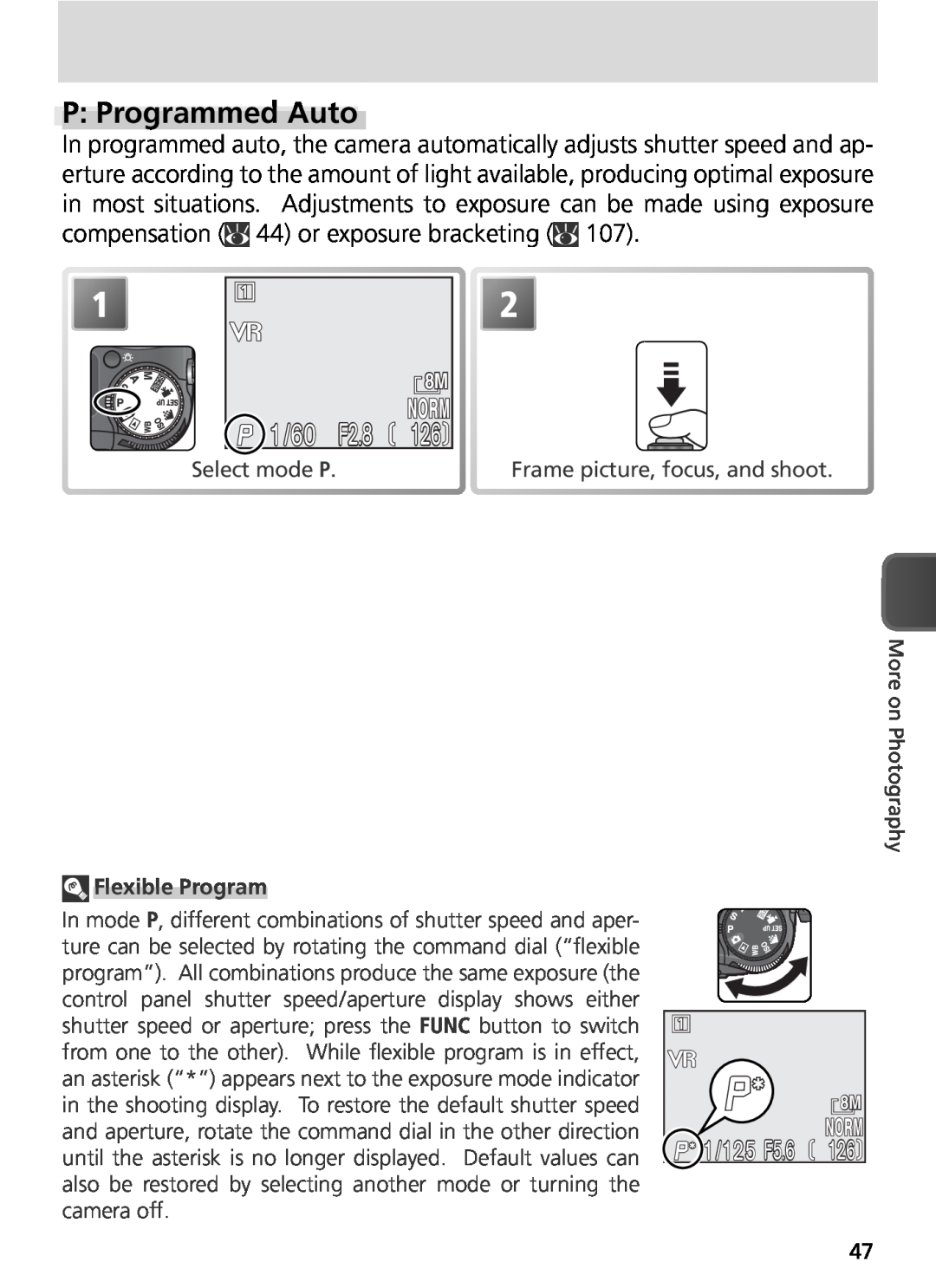 Nikon COOLPIX8800 manual P Programmed Auto, 1/60, F2.8, Flexible Program, 1/125 F5.6 