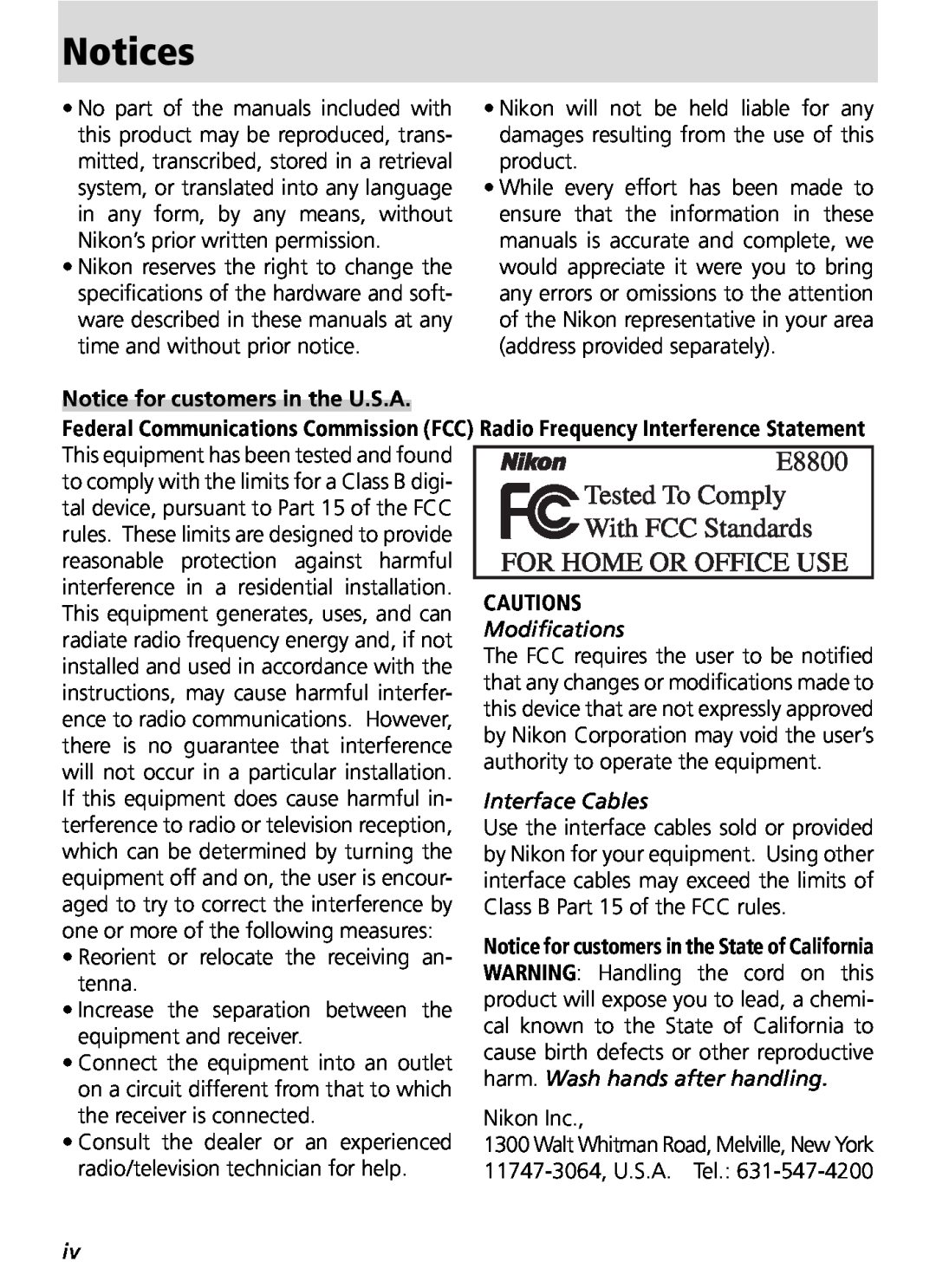 Nikon COOLPIX8800 manual Notices, Notice for customers in the U.S.A 