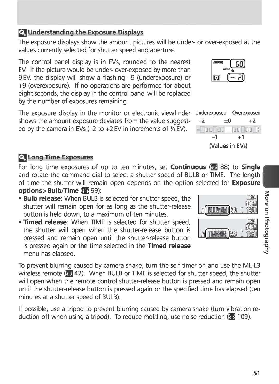 Nikon COOLPIX8800 manual BULB10MF2.8, TIME30S F2.8, Understanding the Exposure Displays, Long Time Exposures 