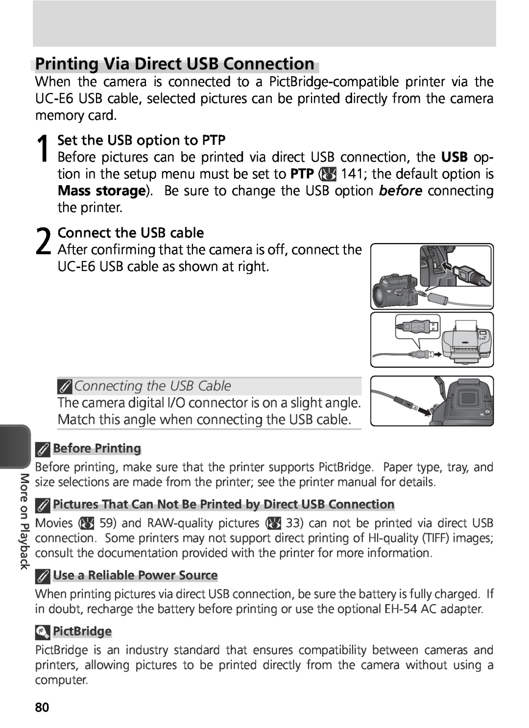 Nikon COOLPIX8800 manual Printing Via Direct USB Connection, Connecting the USB Cable 