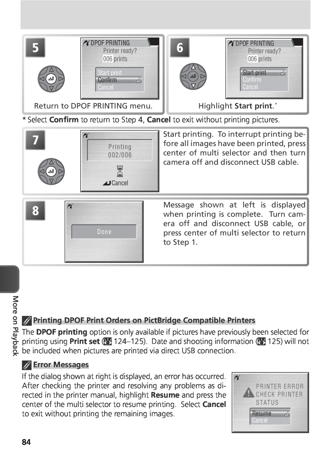 Nikon COOLPIX8800 manual Printing DPOF Print Orders on PictBridge Compatible Printers, Error Messages, Dpof Printing 