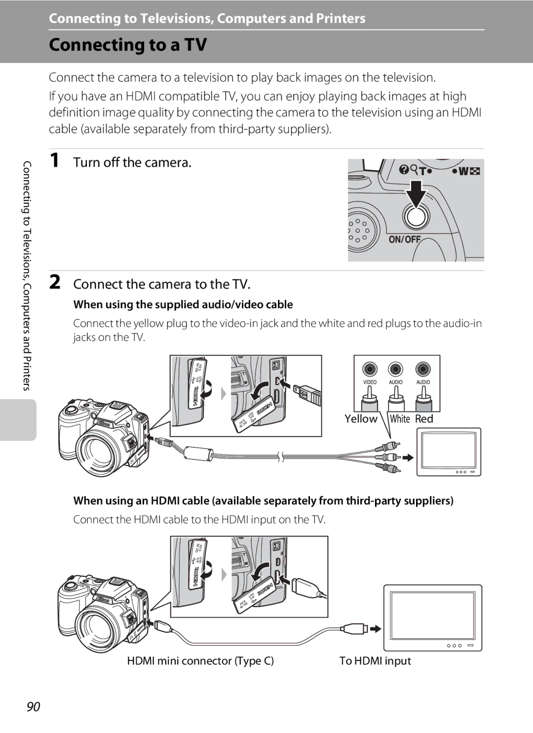 Nikon COOLPIXL120BLK, COOLPIXL120BRONZE user manual Connecting to a TV, Turn off the camera Connect the camera to the TV 