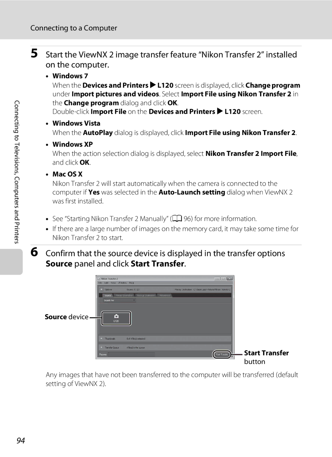 Nikon COOLPIXL120BRONZE, COOLPIXL120BLK, COOLPIXL120RED user manual Windows, Source device Start Transfer 