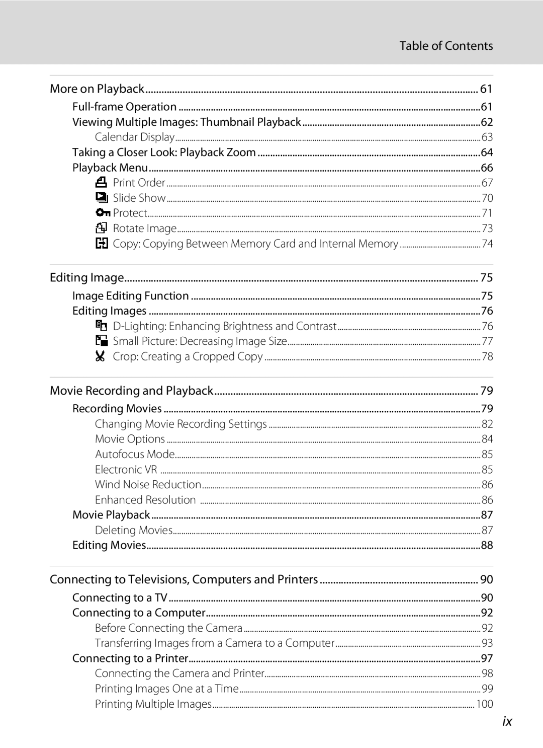 Nikon COOLPIXL120RED, COOLPIXL120BLK, COOLPIXL120BRONZE user manual 100, Table of Contents 