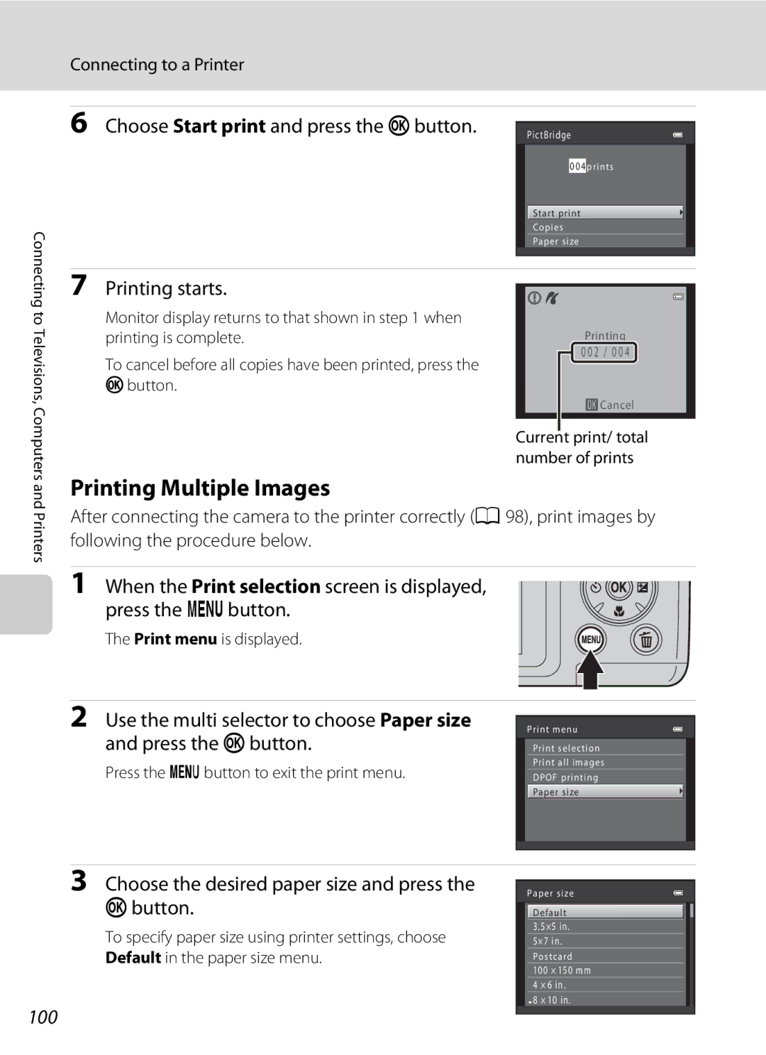 Nikon COOLPIXL120BRONZE Printing Multiple Images, Printing starts, Use the multi selector to choose Paper size, 100 