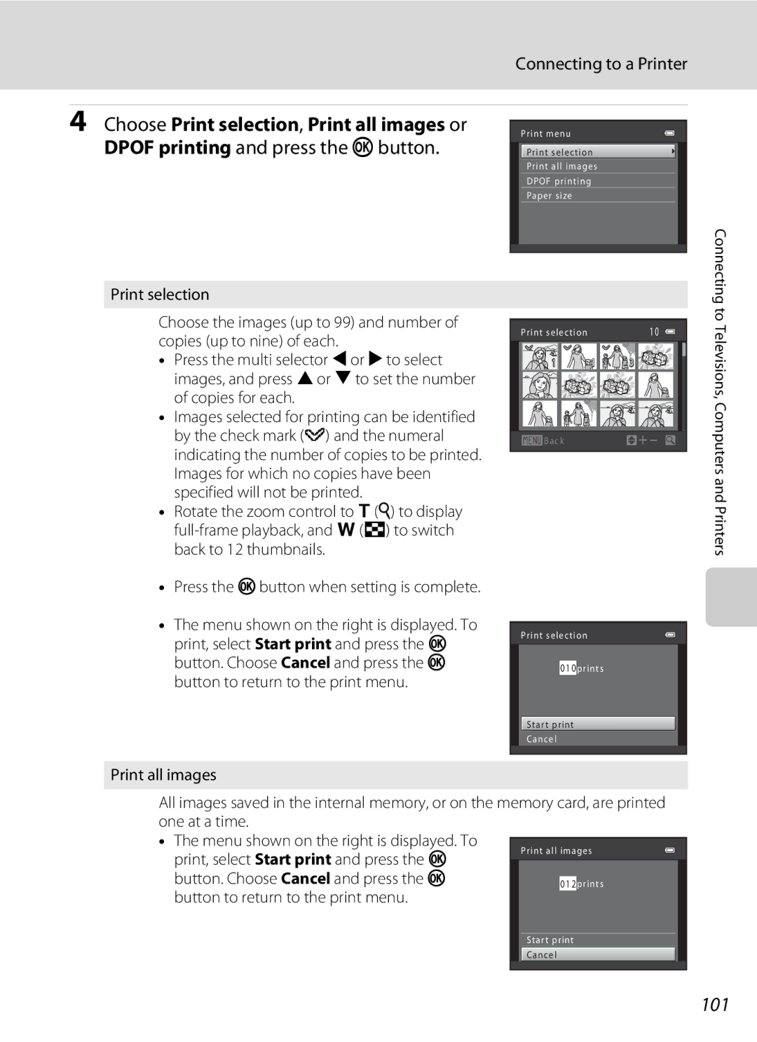 Nikon COOLPIXL120RED, COOLPIXL120BLK 101, Button. Choose Cancel and press the k, Button to return to the print menu 