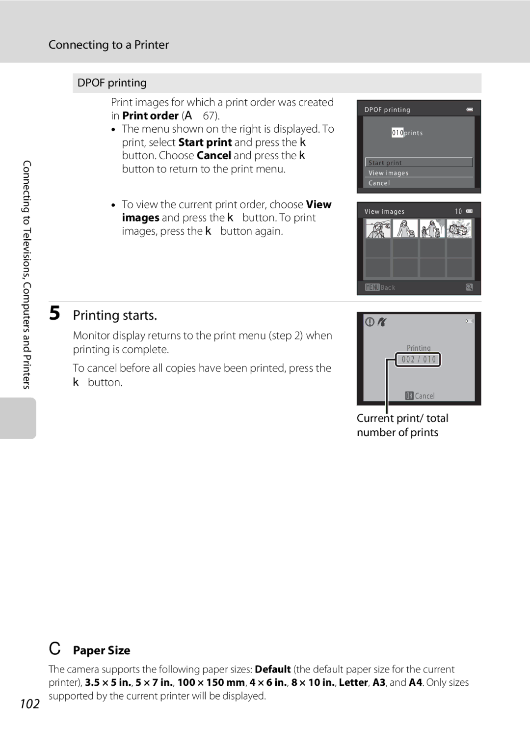 Nikon COOLPIXL120BLK, COOLPIXL120BRONZE, COOLPIXL120RED user manual 102, Paper Size 