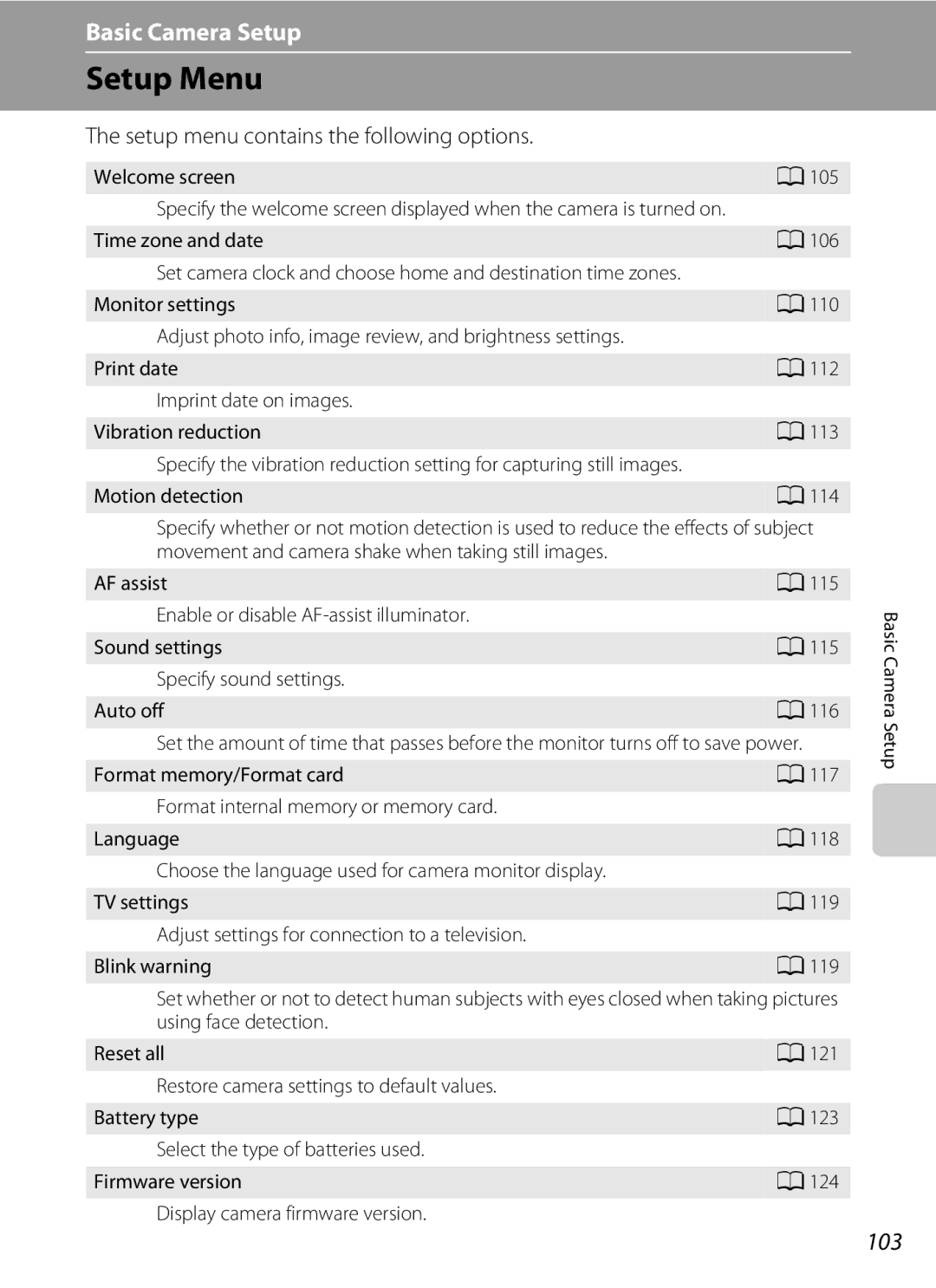 Nikon COOLPIXL120BRONZE, COOLPIXL120BLK Setup Menu, 103, Setup menu contains the following options, Welcome screen 105 