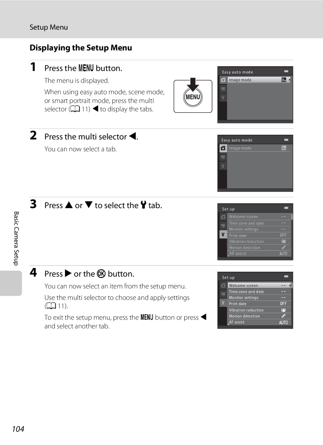 Nikon COOLPIXL120RED, COOLPIXL120BLK, COOLPIXL120BRONZE user manual Displaying the Setup Menu, 104, Menu is displayed 