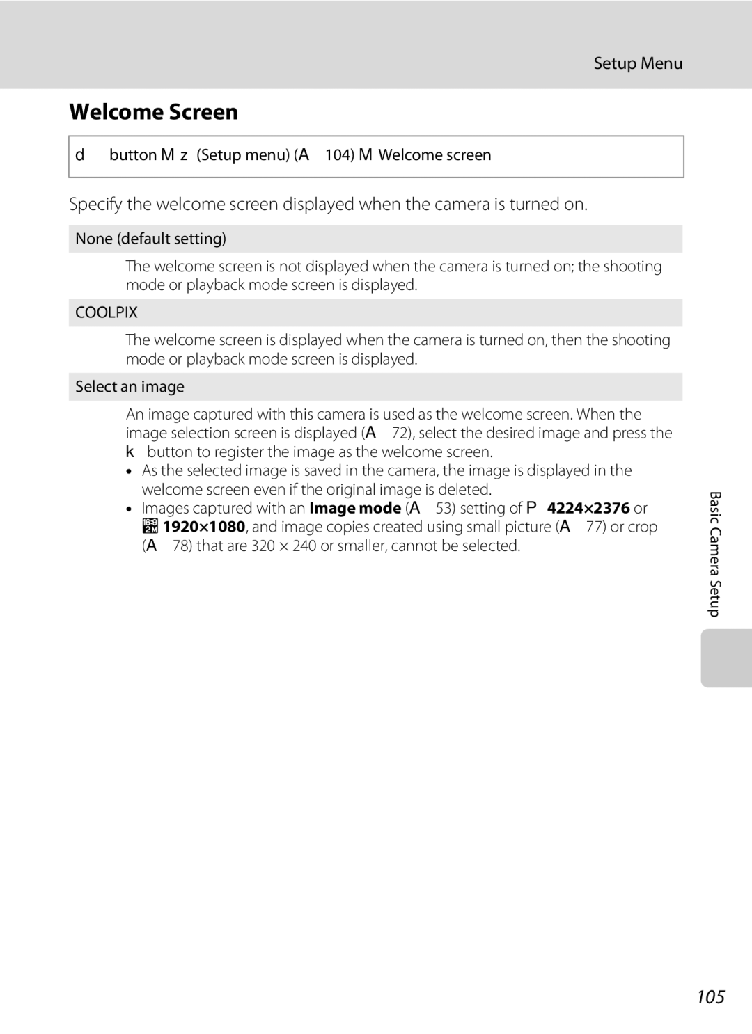 Nikon COOLPIXL120BLK, COOLPIXL120BRONZE, COOLPIXL120RED Welcome Screen, 105, Dbutton M zSetup menu A104 M Welcome screen 