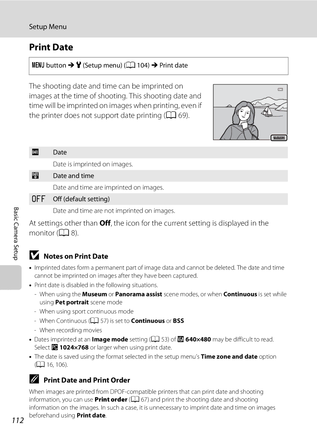 Nikon COOLPIXL120BRONZE, COOLPIXL120BLK user manual Print Date and Print Order, Dbutton M zSetup menu A104 M Print date 