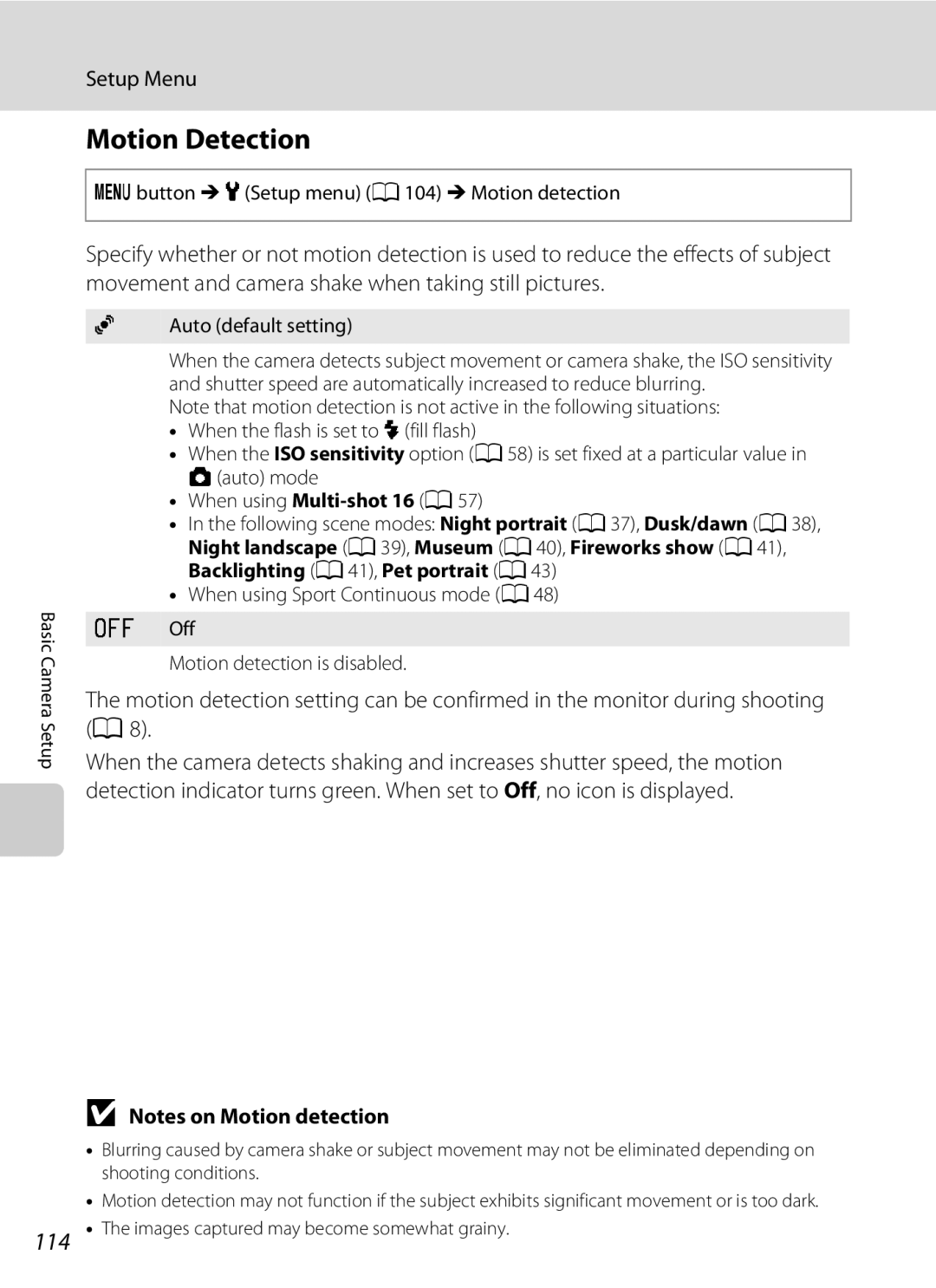 Nikon COOLPIXL120BLK Motion Detection, 114, Dbutton M zSetup menu A104 M Motion detection, When using Multi-shot 16 a 