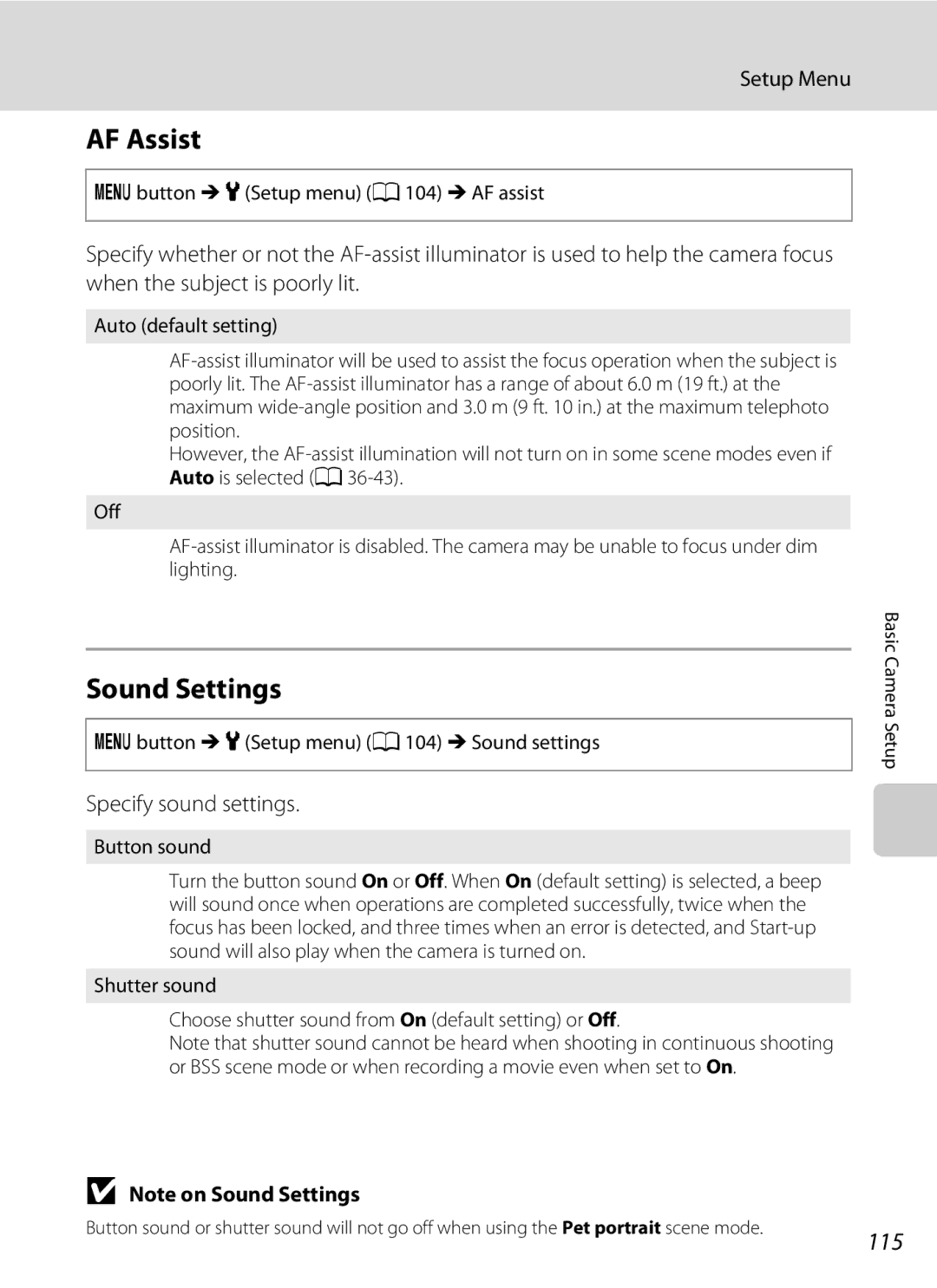 Nikon COOLPIXL120BRONZE, COOLPIXL120BLK, COOLPIXL120RED user manual AF Assist, Sound Settings, 115, Specify sound settings 