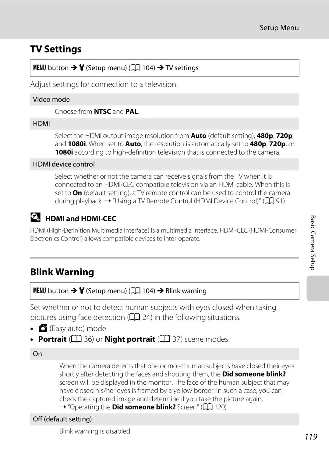 Nikon COOLPIXL120RED TV Settings, Blink Warning, 119, Hdmi and HDMI-CEC, Portrait a 36 or Night portrait a 37 scene modes 