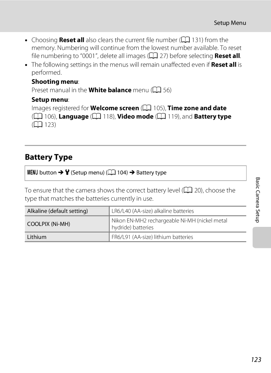 Nikon COOLPIXL120BLK, COOLPIXL120BRONZE, COOLPIXL120RED Battery Type, 123, Preset manual in the White balance menu a 