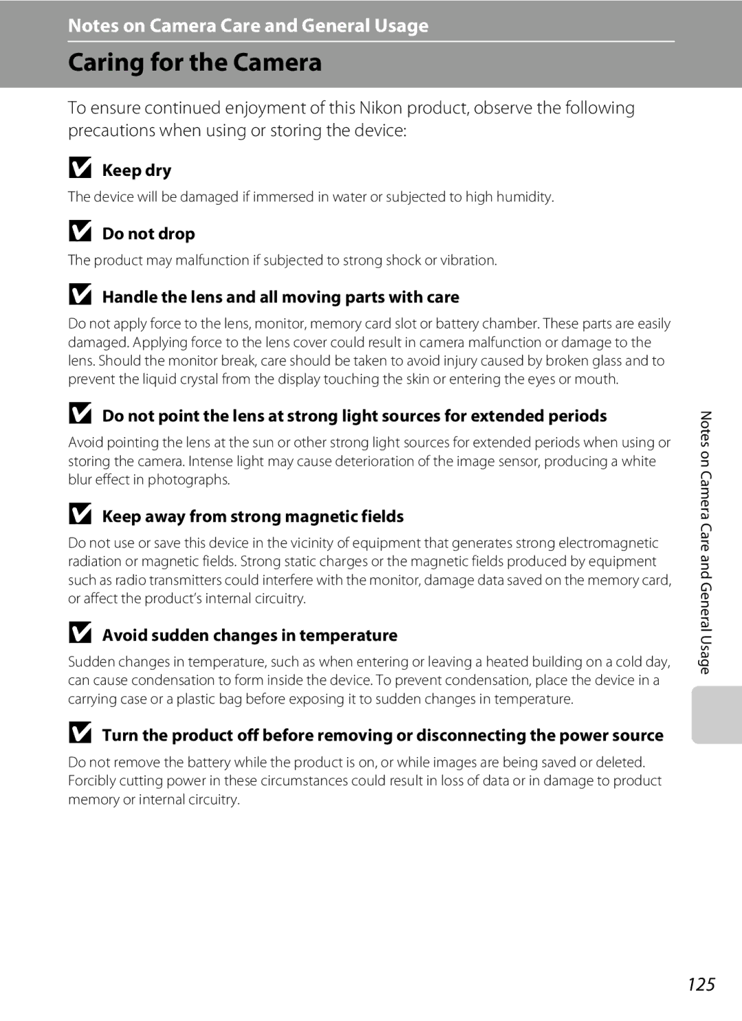 Nikon COOLPIXL120RED, COOLPIXL120BLK, COOLPIXL120BRONZE user manual Caring for the Camera, 125 