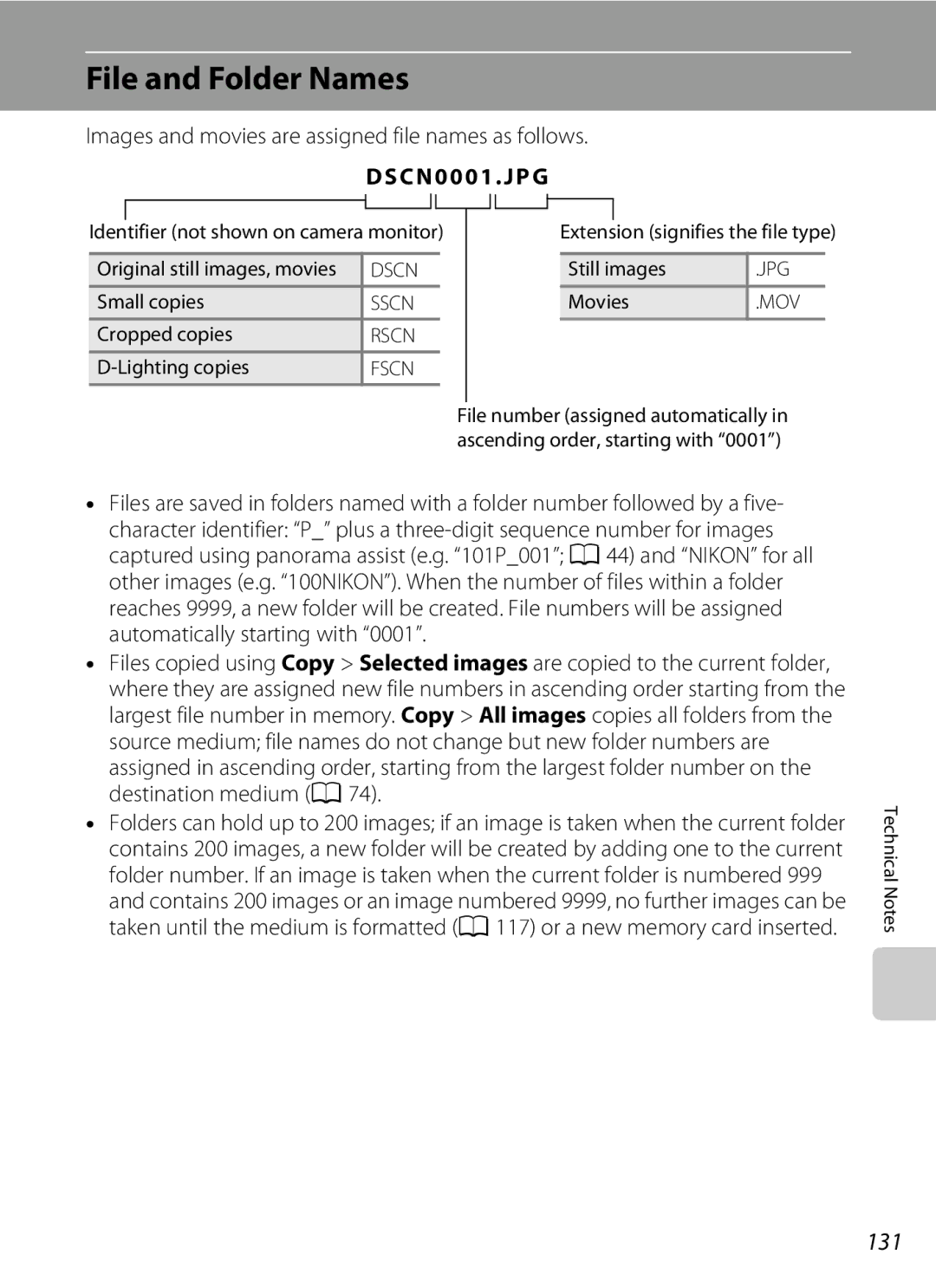 Nikon COOLPIXL120RED File and Folder Names, 131, Images and movies are assigned file names as follows, DSCN0001 . JPG 