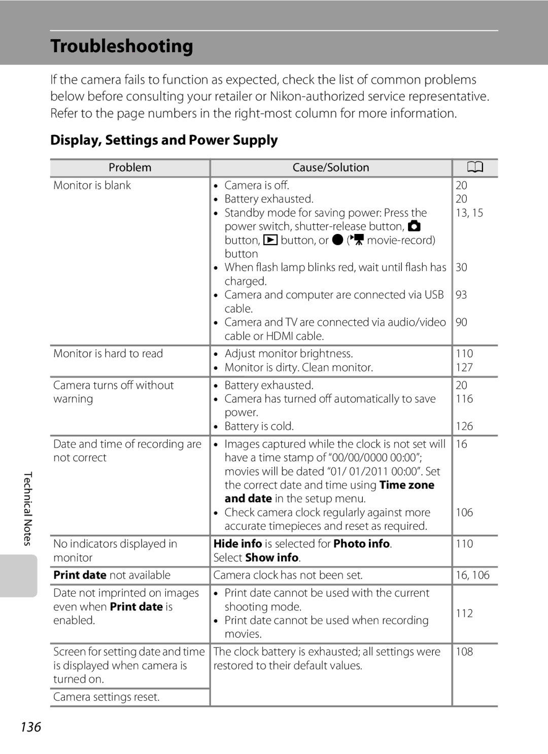 Nikon COOLPIXL120BRONZE Troubleshooting, Display, Settings and Power Supply, 136, Hide info is selected for Photo info 