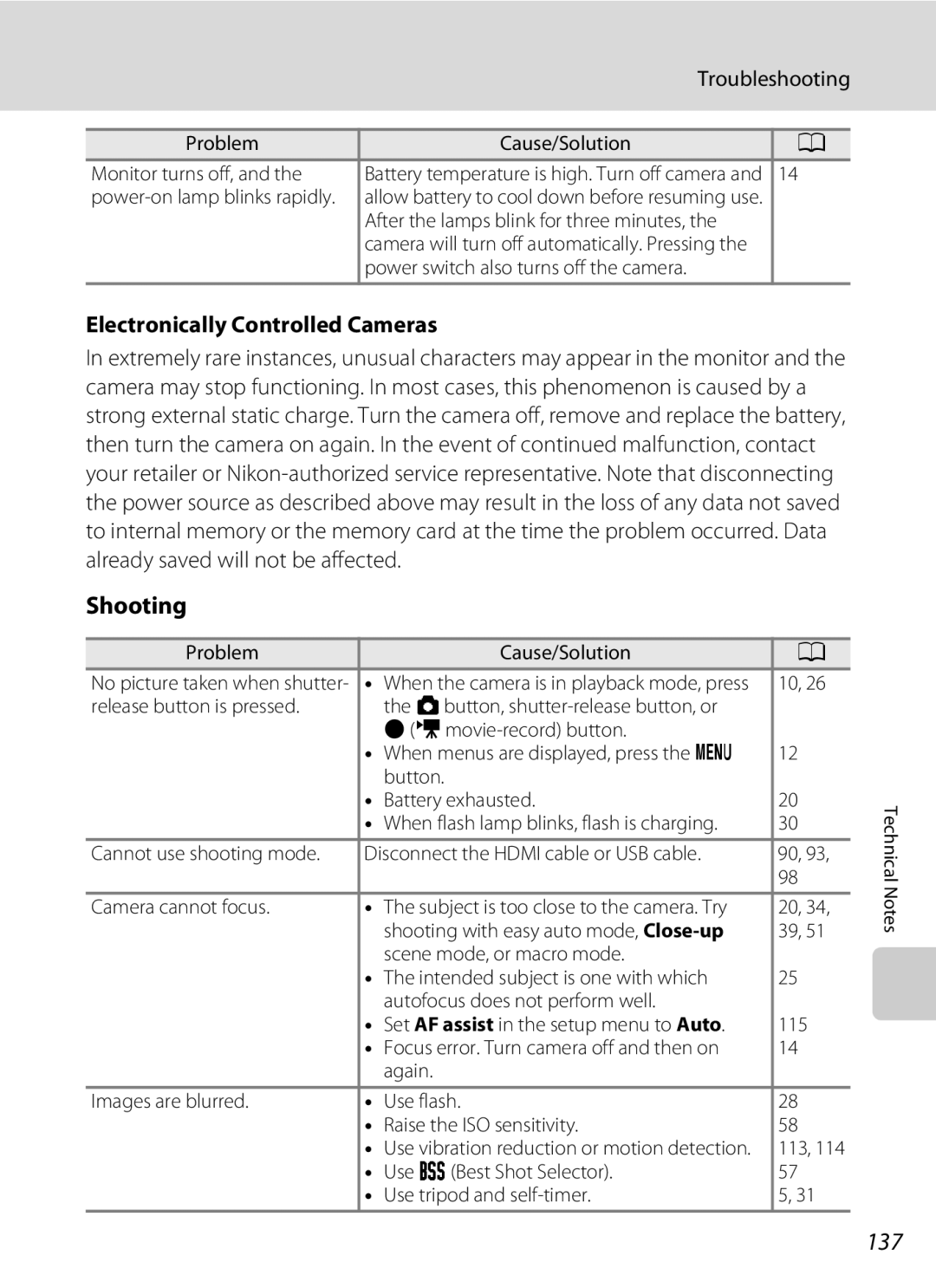 Nikon COOLPIXL120RED, COOLPIXL120BLK, COOLPIXL120BRONZE user manual 137, Troubleshooting, Electronically Controlled Cameras 