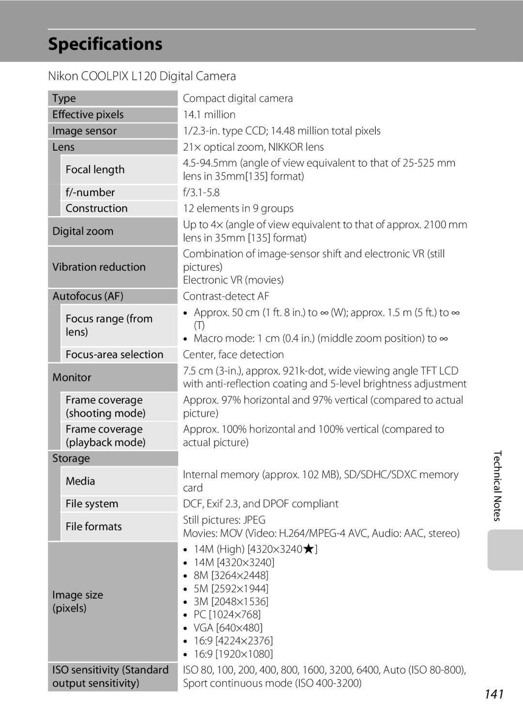 Nikon COOLPIXL120BLK, COOLPIXL120BRONZE, COOLPIXL120RED user manual Specifications, 141, Nikon Coolpix L120 Digital Camera 