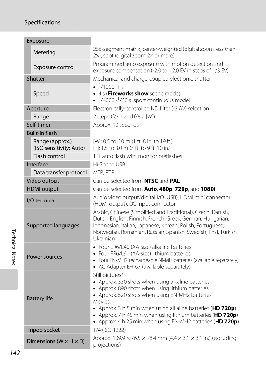 Nikon COOLPIXL120BRONZE, COOLPIXL120BLK, COOLPIXL120RED user manual 142, Specifications, Fireworks show scene mode 