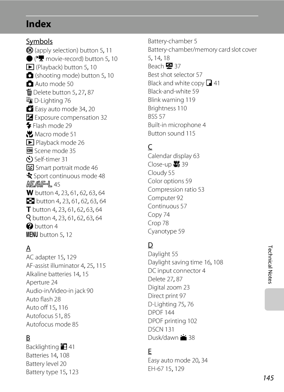 Nikon COOLPIXL120BRONZE, COOLPIXL120BLK, COOLPIXL120RED user manual Index, Symbols, 145, Daylight 