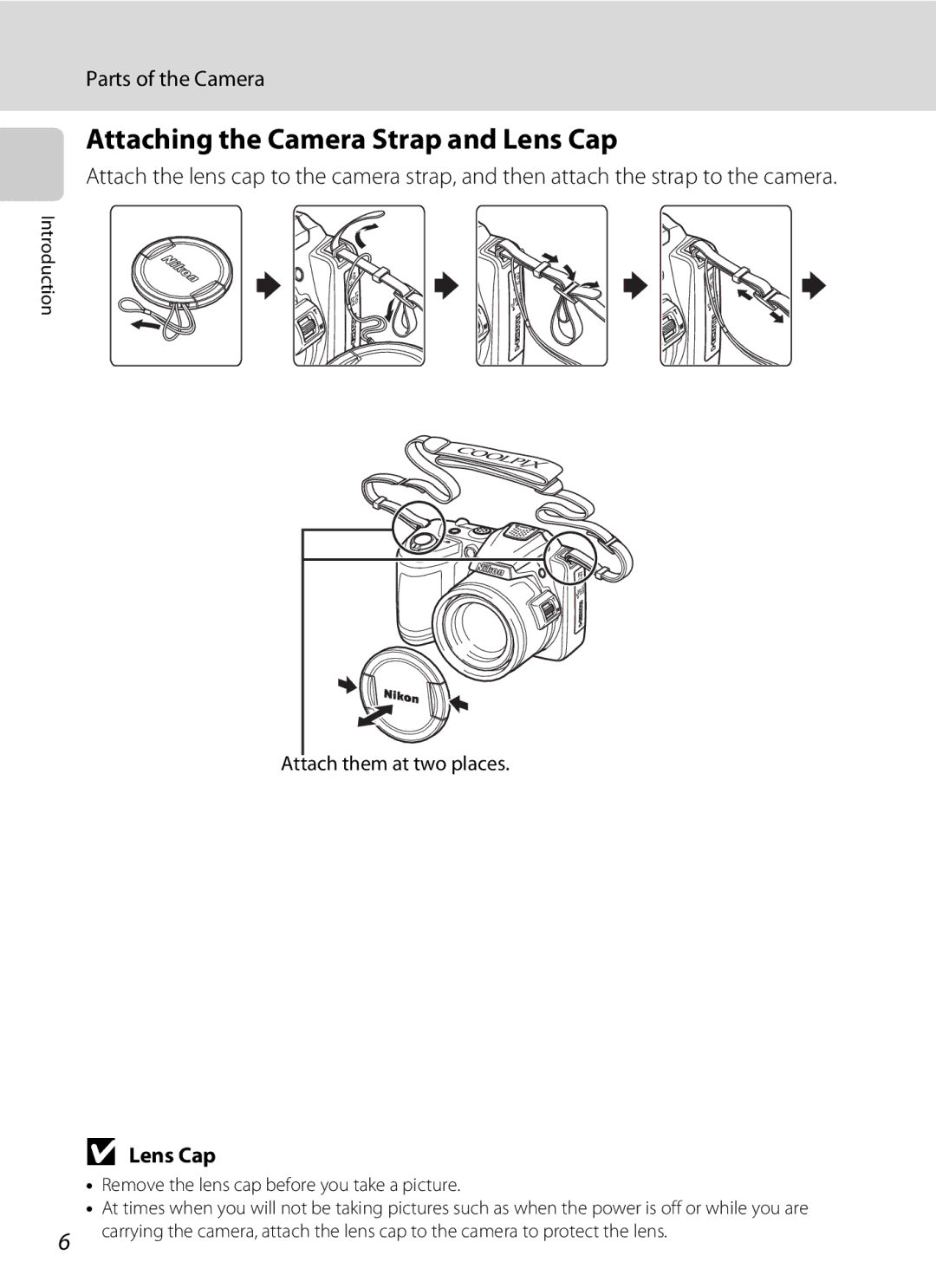 Nikon COOLPIXL120BLK, COOLPIXL120BRONZE, COOLPIXL120RED Attaching the Camera Strap and Lens Cap, Attach them at two places 