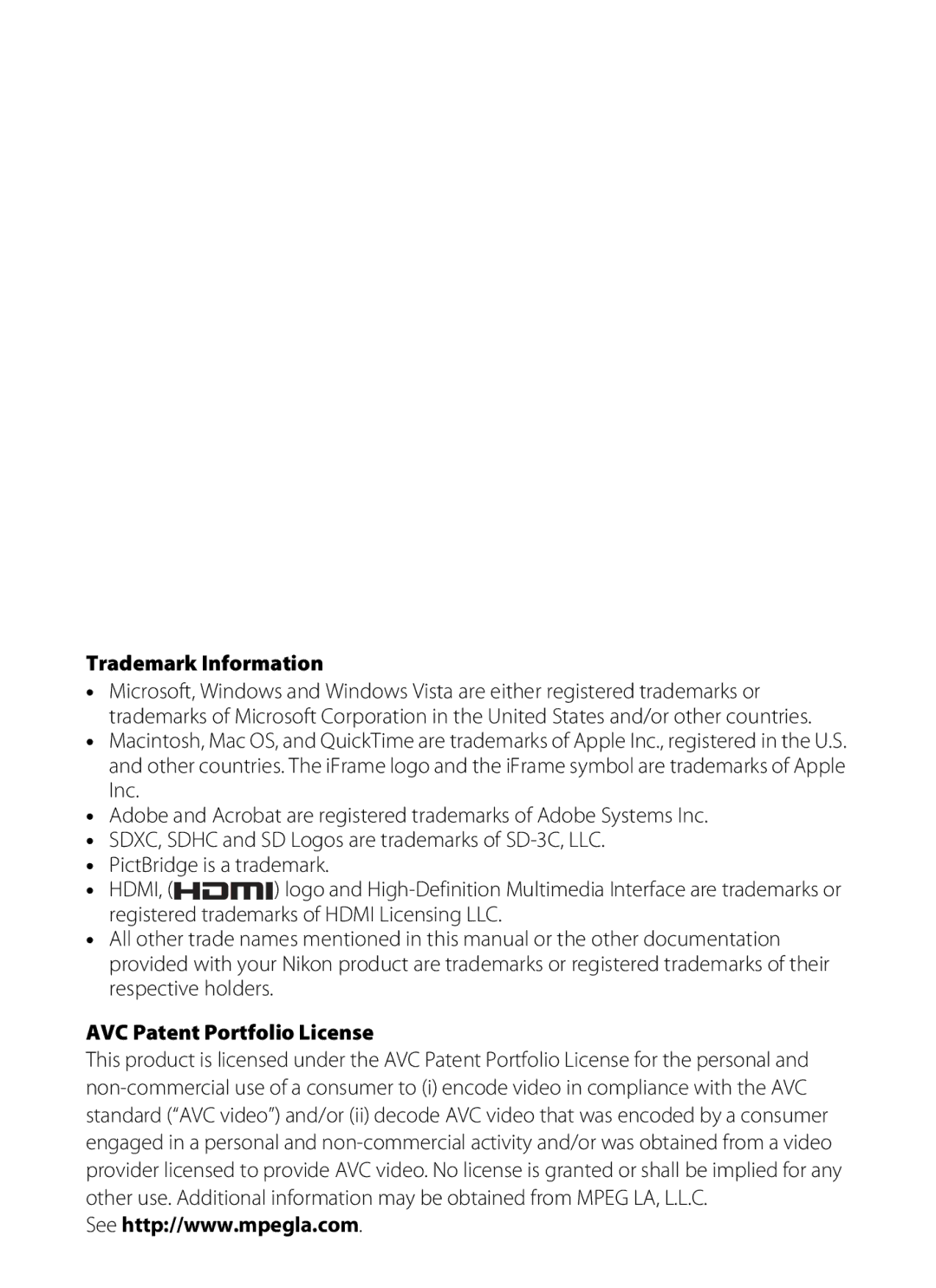 Nikon COOLPIXL120RED, COOLPIXL120BLK, COOLPIXL120BRONZE user manual Trademark Information, AVC Patent Portfolio License 