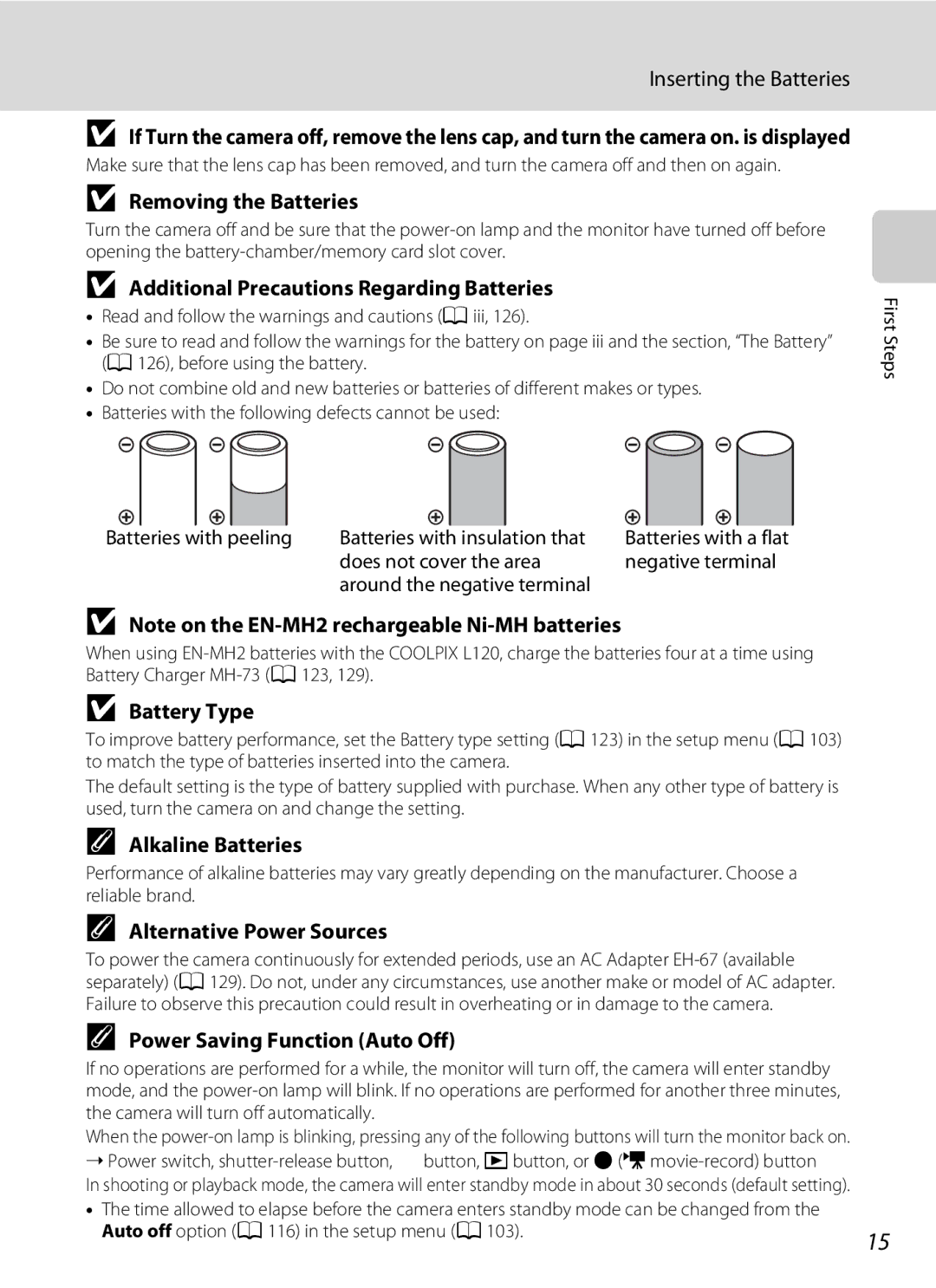 Nikon COOLPIXL120BLK Removing the Batteries, Additional Precautions Regarding Batteries, Battery Type, Alkaline Batteries 