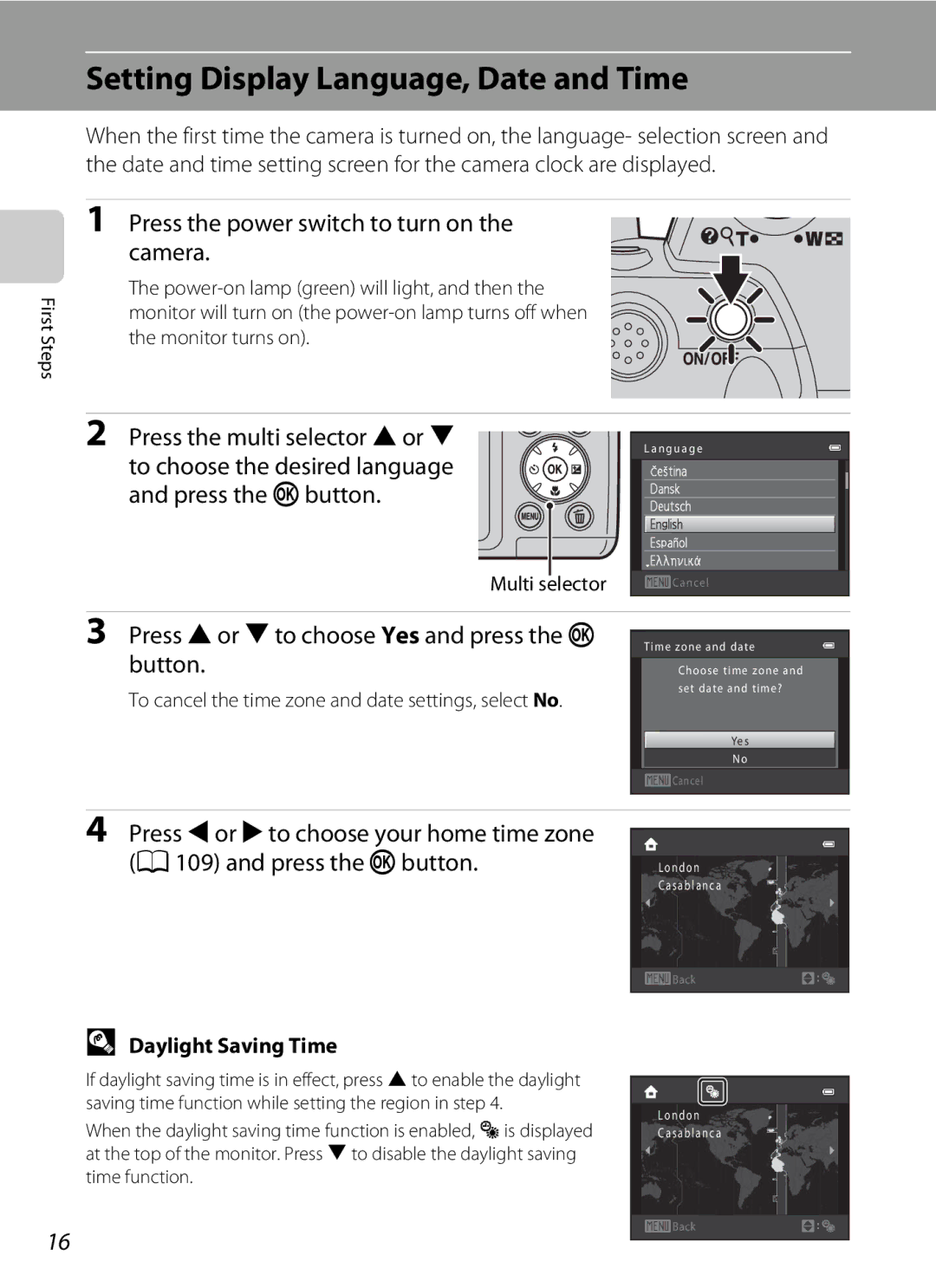 Nikon COOLPIXL120BRONZE user manual Setting Display Language, Date and Time, Press the power switch to turn on the camera 