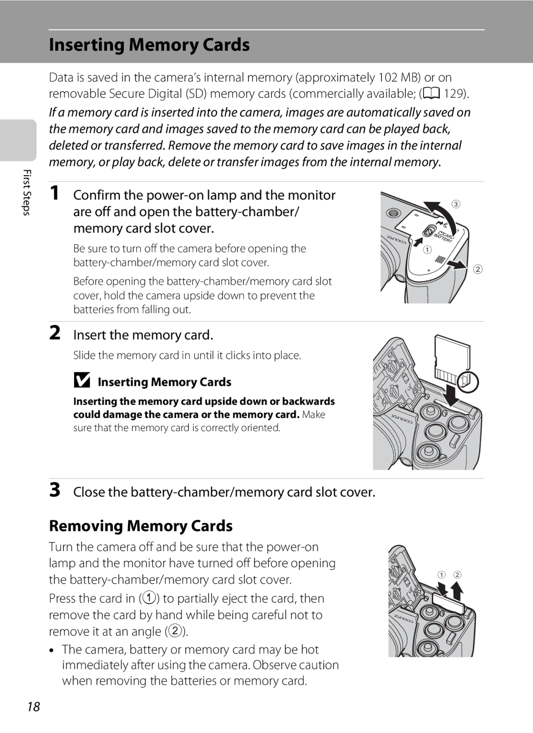 Nikon COOLPIXL120BLK, COOLPIXL120BRONZE user manual Inserting Memory Cards, Removing Memory Cards, Insert the memory card 