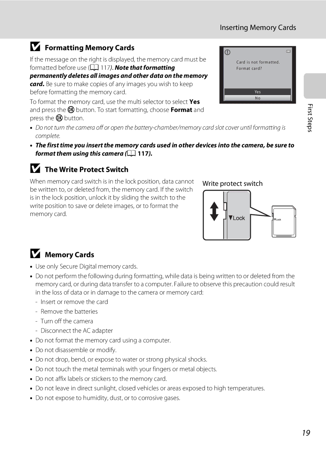 Nikon COOLPIXL120BRONZE, COOLPIXL120BLK user manual Inserting Memory Cards, Formatting Memory Cards, Write Protect Switch 