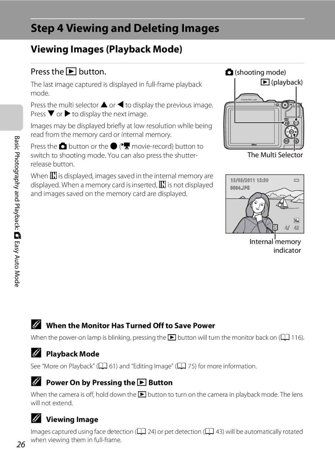 Nikon COOLPIXL120RED, COOLPIXL120BLK Viewing and Deleting Images, Viewing Images Playback Mode, Press the cbutton 