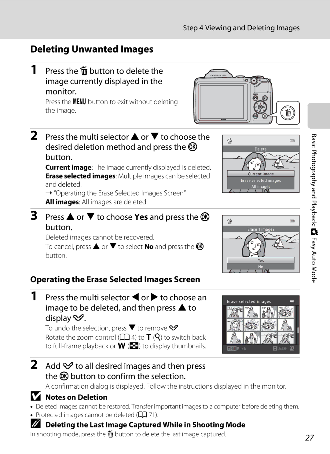 Nikon COOLPIXL120BLK Deleting Unwanted Images, Monitor, Button, Operating the Erase Selected Images Screen, Display y 