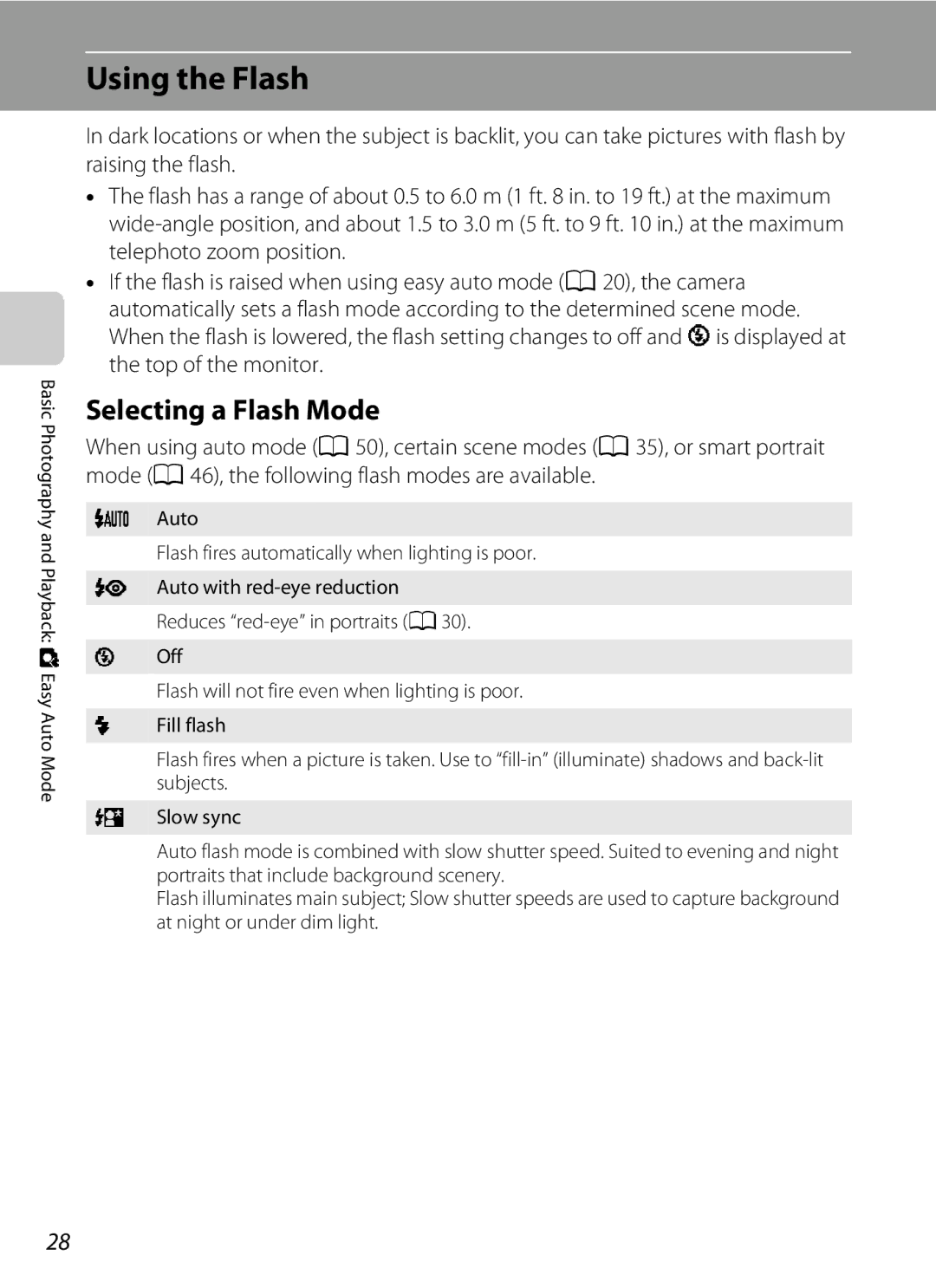 Nikon COOLPIXL120BRONZE Using the Flash, Selecting a Flash Mode, Auto Flash fires automatically when lighting is poor 