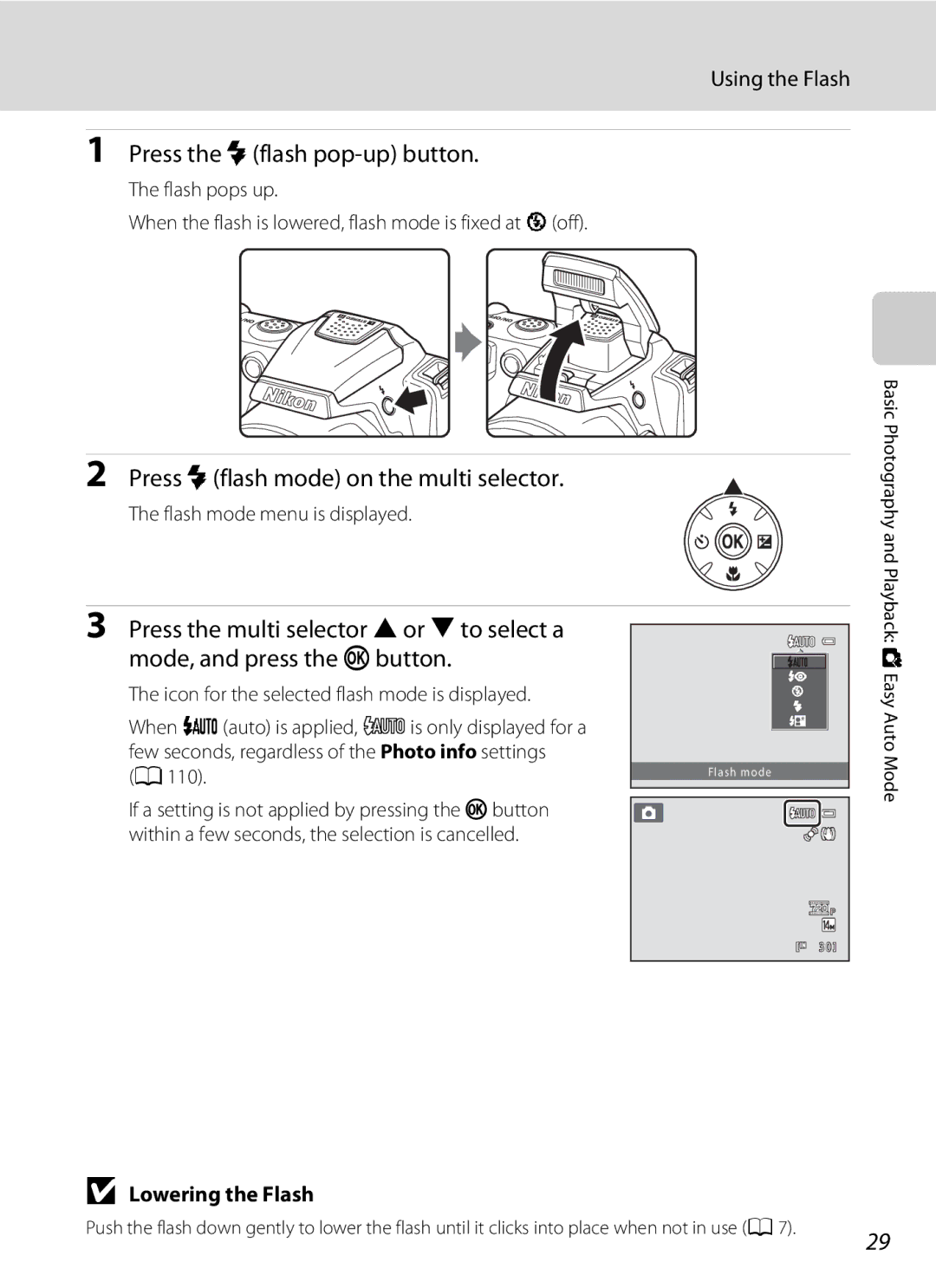 Nikon COOLPIXL120RED user manual Press the mflash pop-up button, Press mflash mode on the multi selector, Using the Flash 