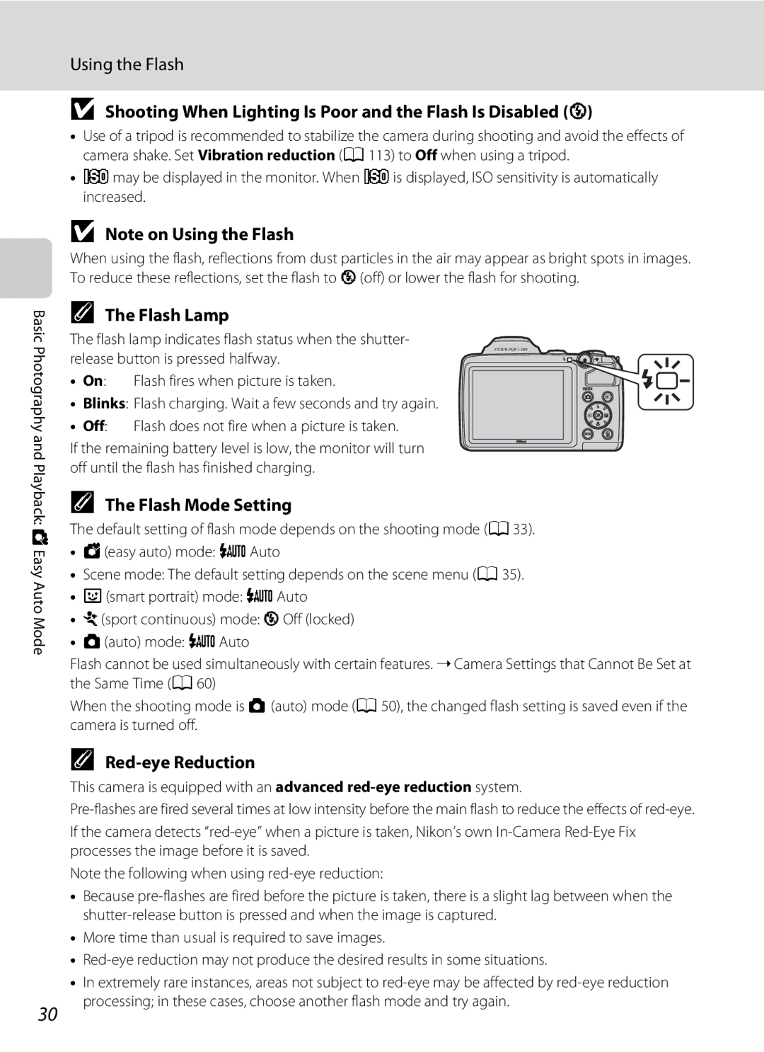 Nikon COOLPIXL120BLK user manual Shooting When Lighting Is Poor and the Flash Is Disabled W, Flash Lamp, Flash Mode Setting 