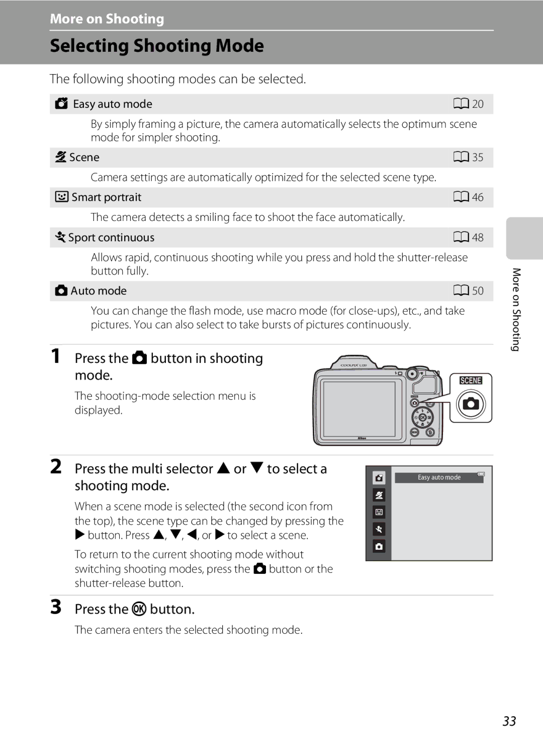 Nikon COOLPIXL120BLK Selecting Shooting Mode, Press the Abutton in shooting Mode, Following shooting modes can be selected 