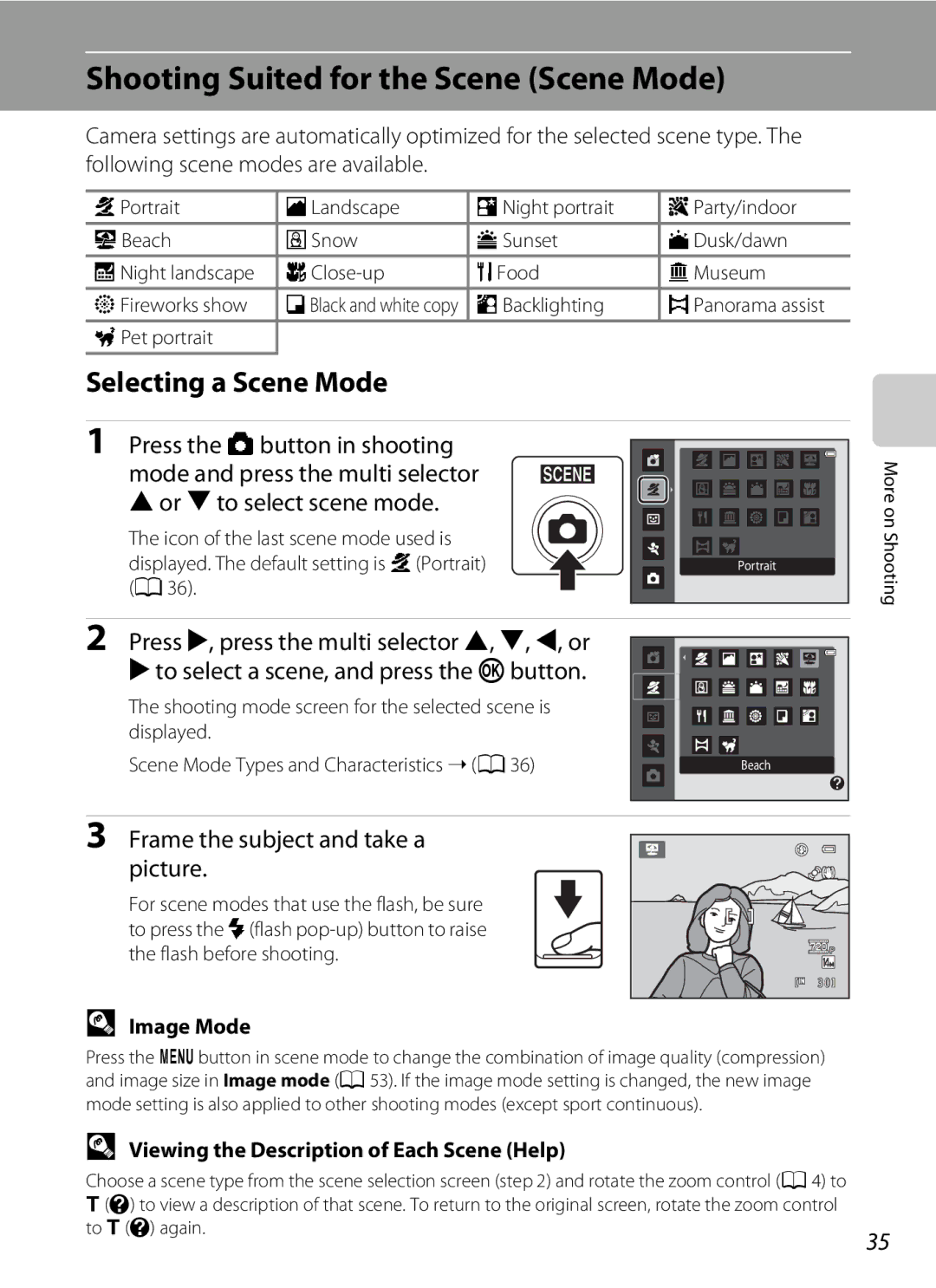 Nikon COOLPIXL120RED Shooting Suited for the Scene Scene Mode, Selecting a Scene Mode, Press the Abutton in shooting 