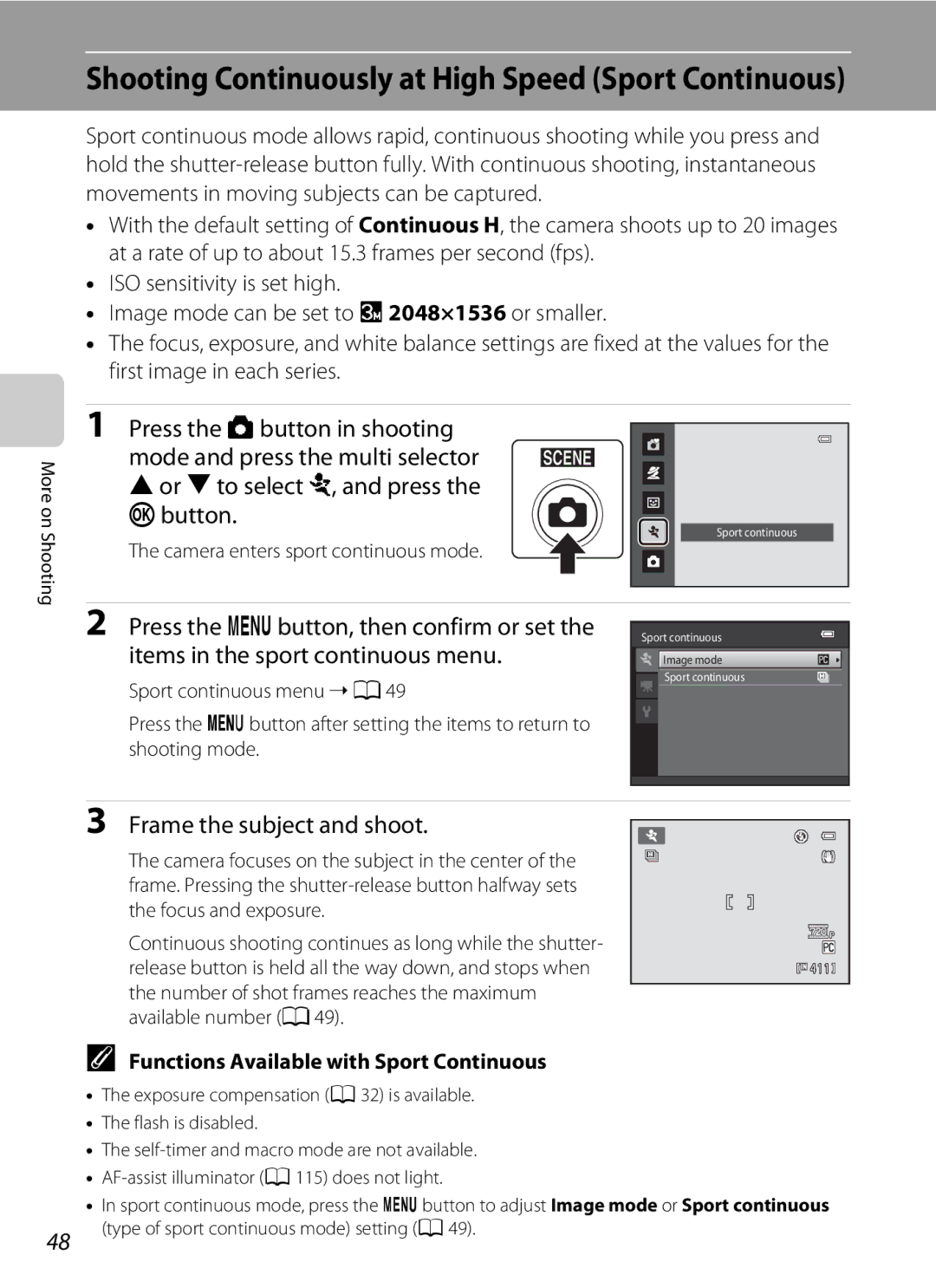 Nikon COOLPIXL120BLK, COOLPIXL120BRONZE user manual Frame the subject and shoot, Functions Available with Sport Continuous 