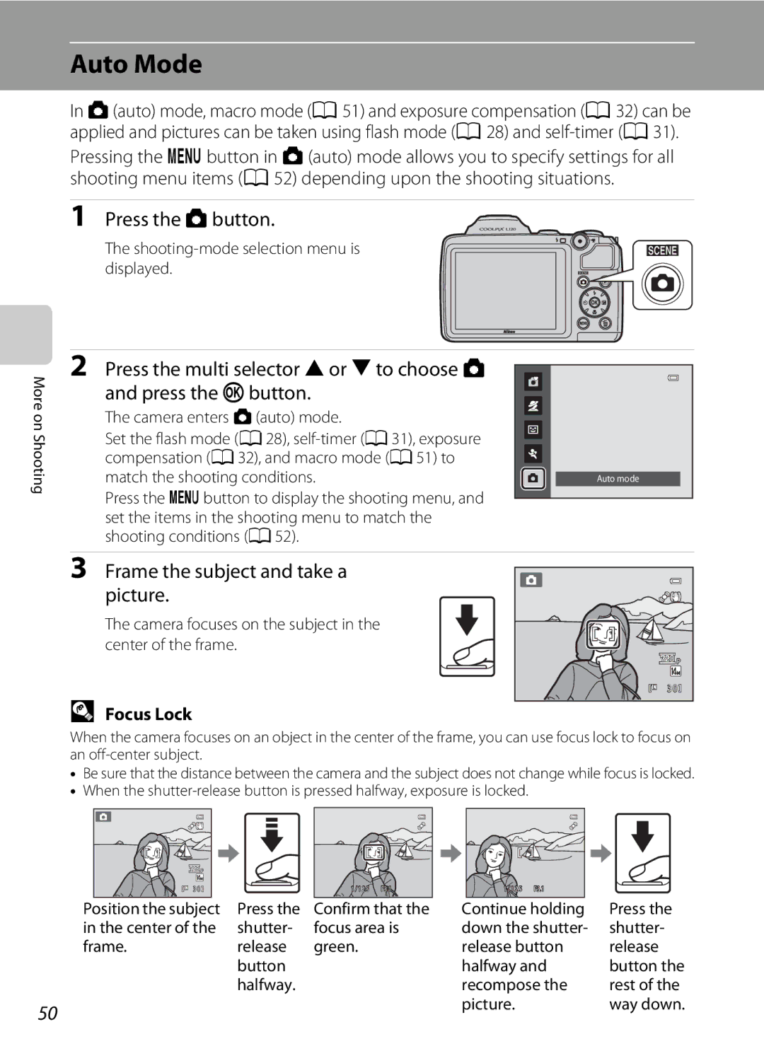 Nikon COOLPIXL120RED Auto Mode, Press the Abutton, Press the multi selector Hor Ito choose a Press the kbutton, Focus Lock 