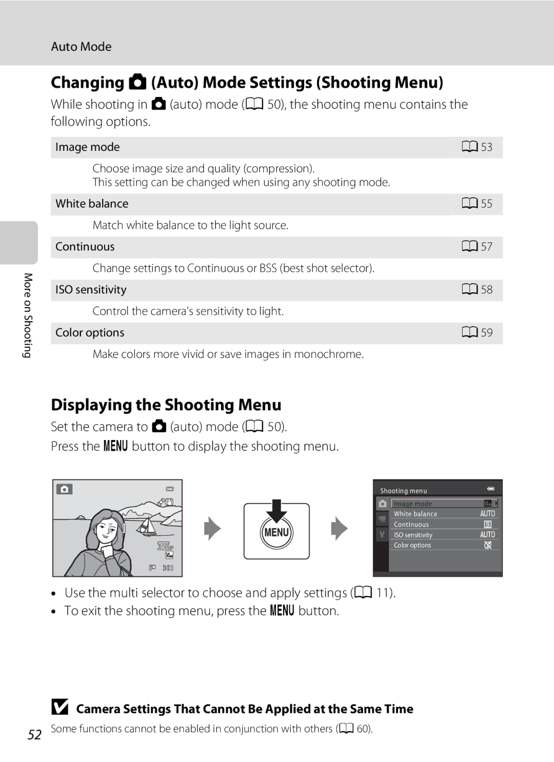 Nikon COOLPIXL120BRONZE, COOLPIXL120BLK user manual Changing AAuto Mode Settings Shooting Menu, Displaying the Shooting Menu 