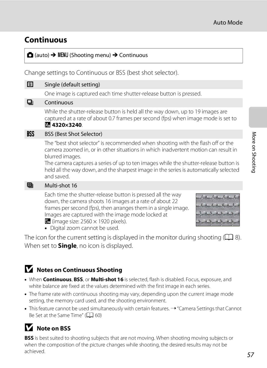 Nikon COOLPIXL120BLK Change settings to Continuous or BSS best shot selector, Aauto M dShooting menu M Continuous 