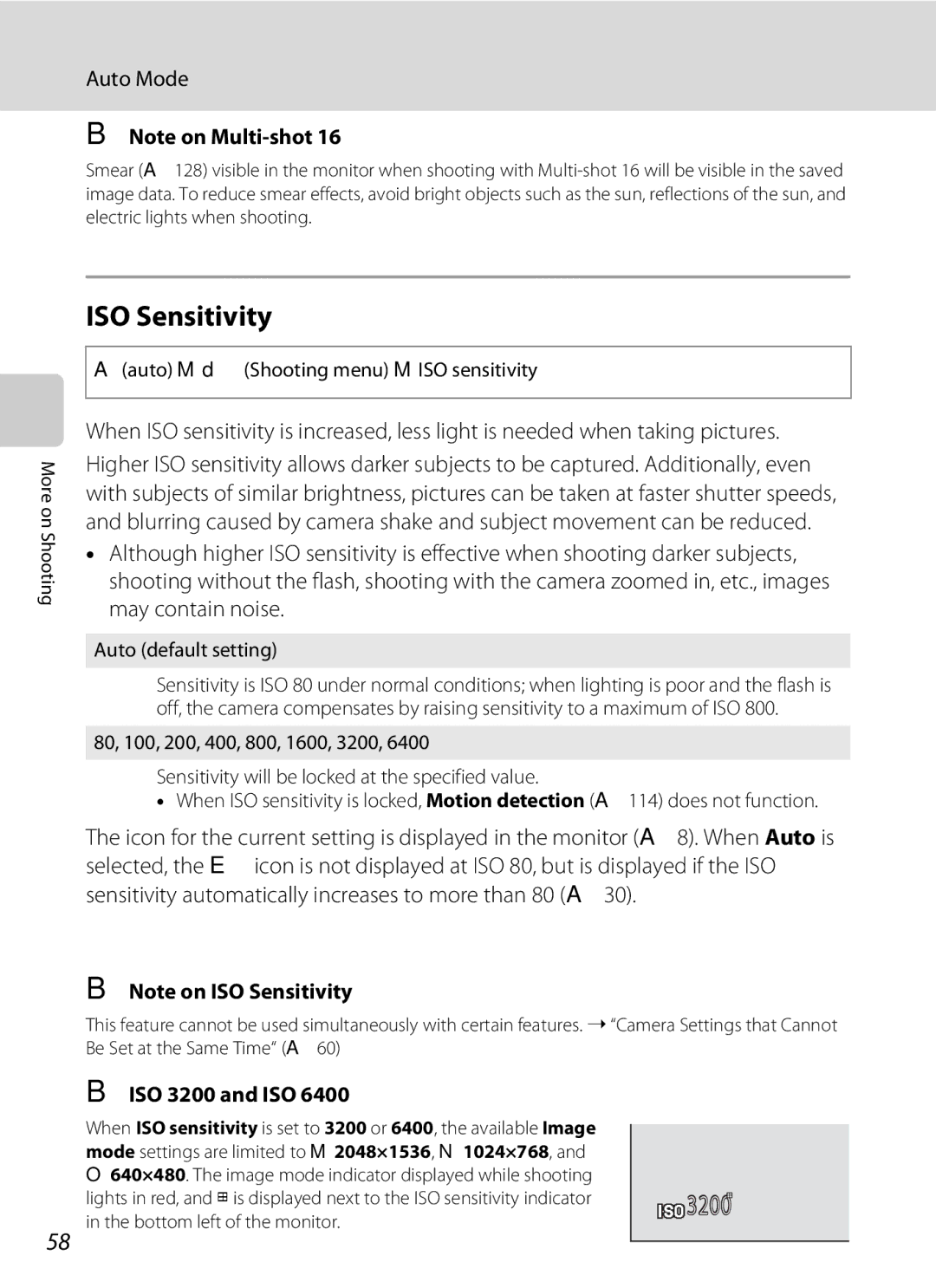 Nikon COOLPIXL120BRONZE ISO Sensitivity, ISO 3200 and ISO, Aauto M dShooting menu M ISO sensitivity, Auto default setting 