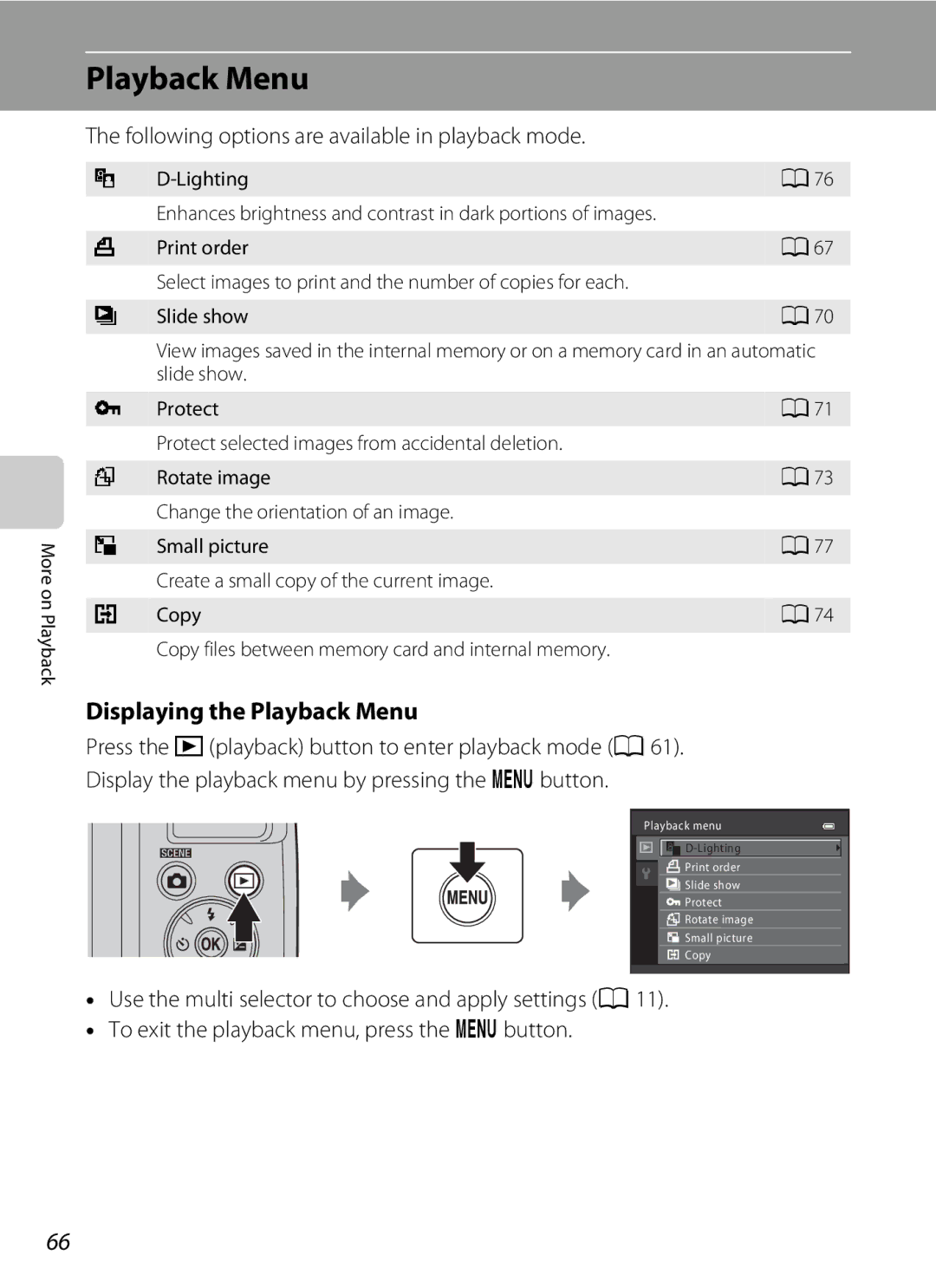 Nikon COOLPIXL120BLK, COOLPIXL120BRONZE Displaying the Playback Menu, Following options are available in playback mode 