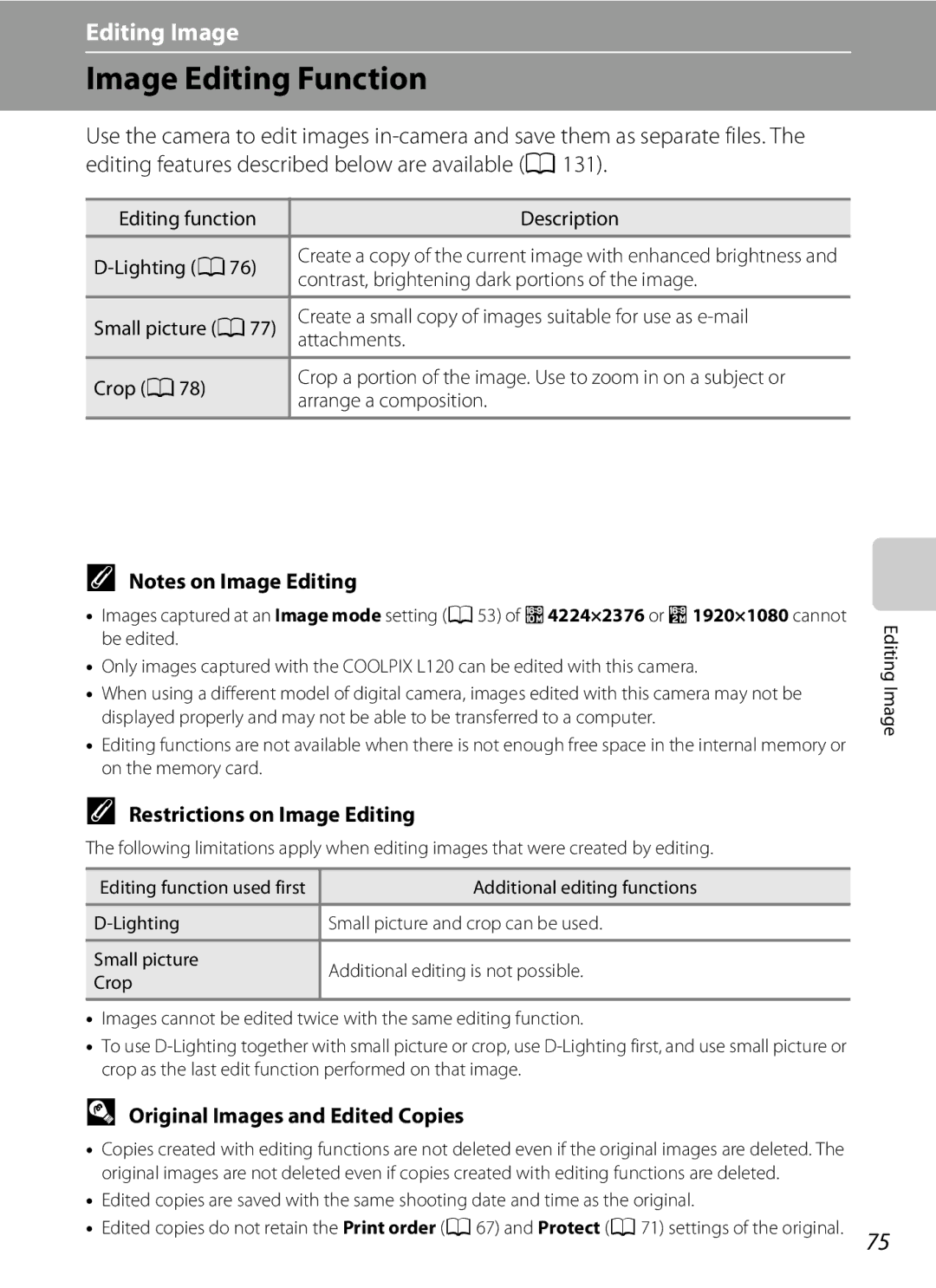 Nikon COOLPIXL120BLK user manual Image Editing Function, Restrictions on Image Editing, Original Images and Edited Copies 