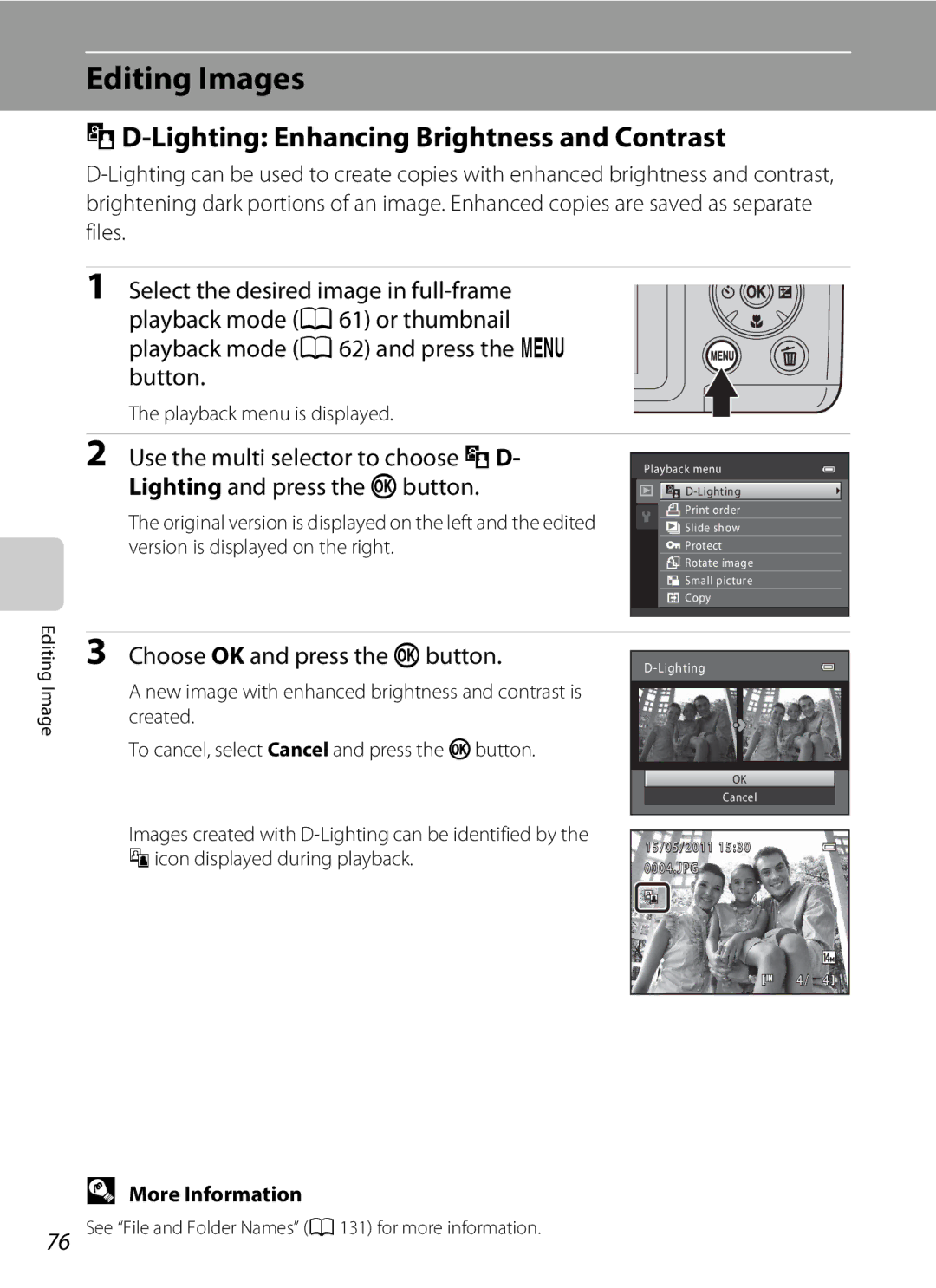 Nikon COOLPIXL120BRONZE Editing Images, ID-Lighting Enhancing Brightness and Contrast, Choose OK and press the kbutton 