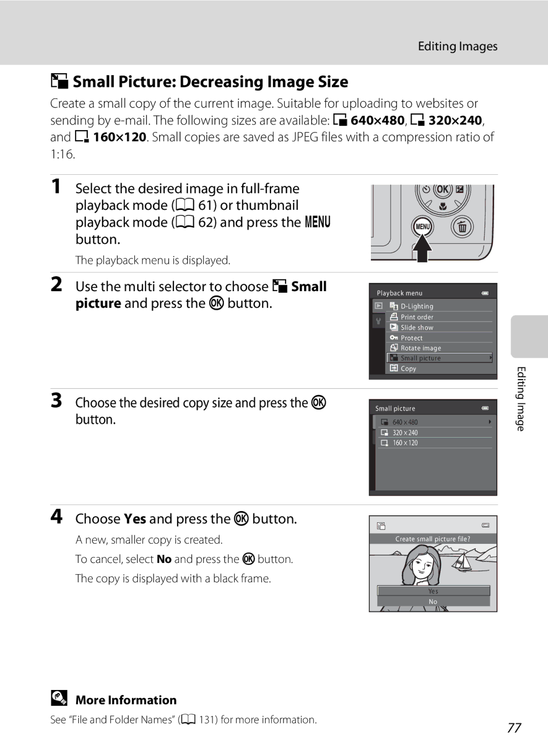 Nikon COOLPIXL120RED user manual GSmall Picture Decreasing Image Size, Choose Yes and press the kbutton, Editing Images 